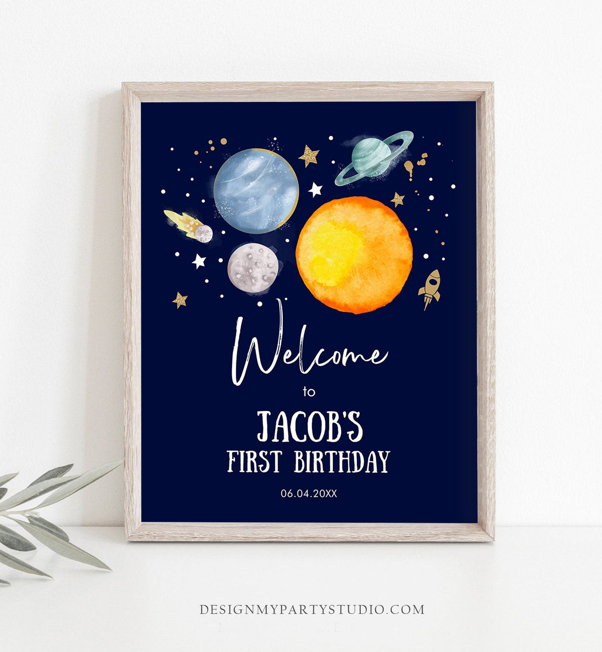 Editable Outer Space Birthday Welcome Sign 1st Birthday Boy Galaxy Planets Trip Around the Sun Astronaut Digital Template Printable 0357