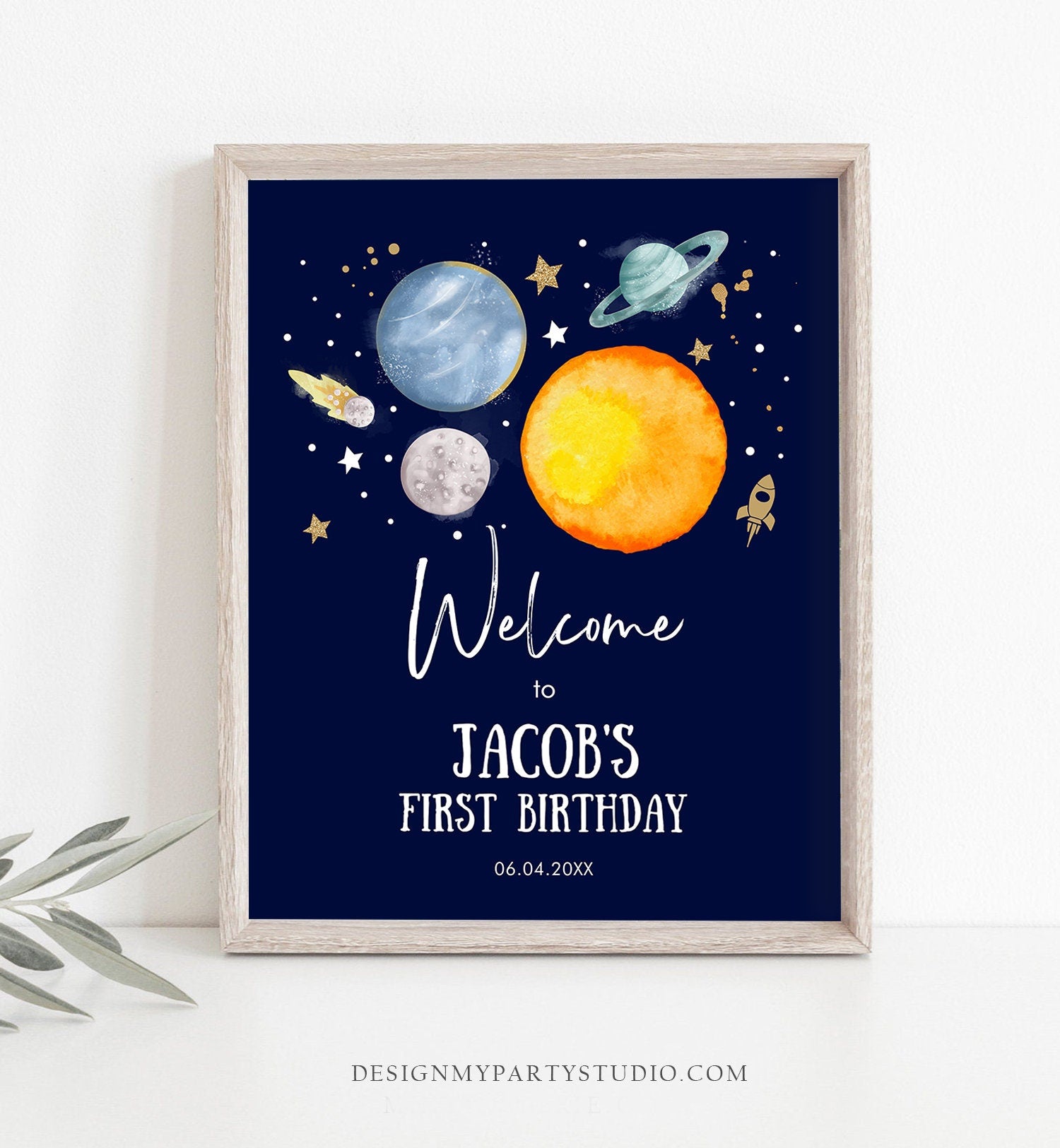 Editable Outer Space Birthday Welcome Sign 1st Birthday Boy Galaxy Planets Trip Around the Sun Astronaut Digital Template Printable 0357