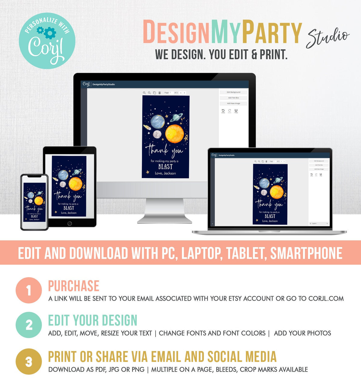 Editable Outer Space Favor Tags Space Birthday Thank you Label Galaxy Gift tags Trip Around the Sun Planets Template Corjl PRINTABLE 0357