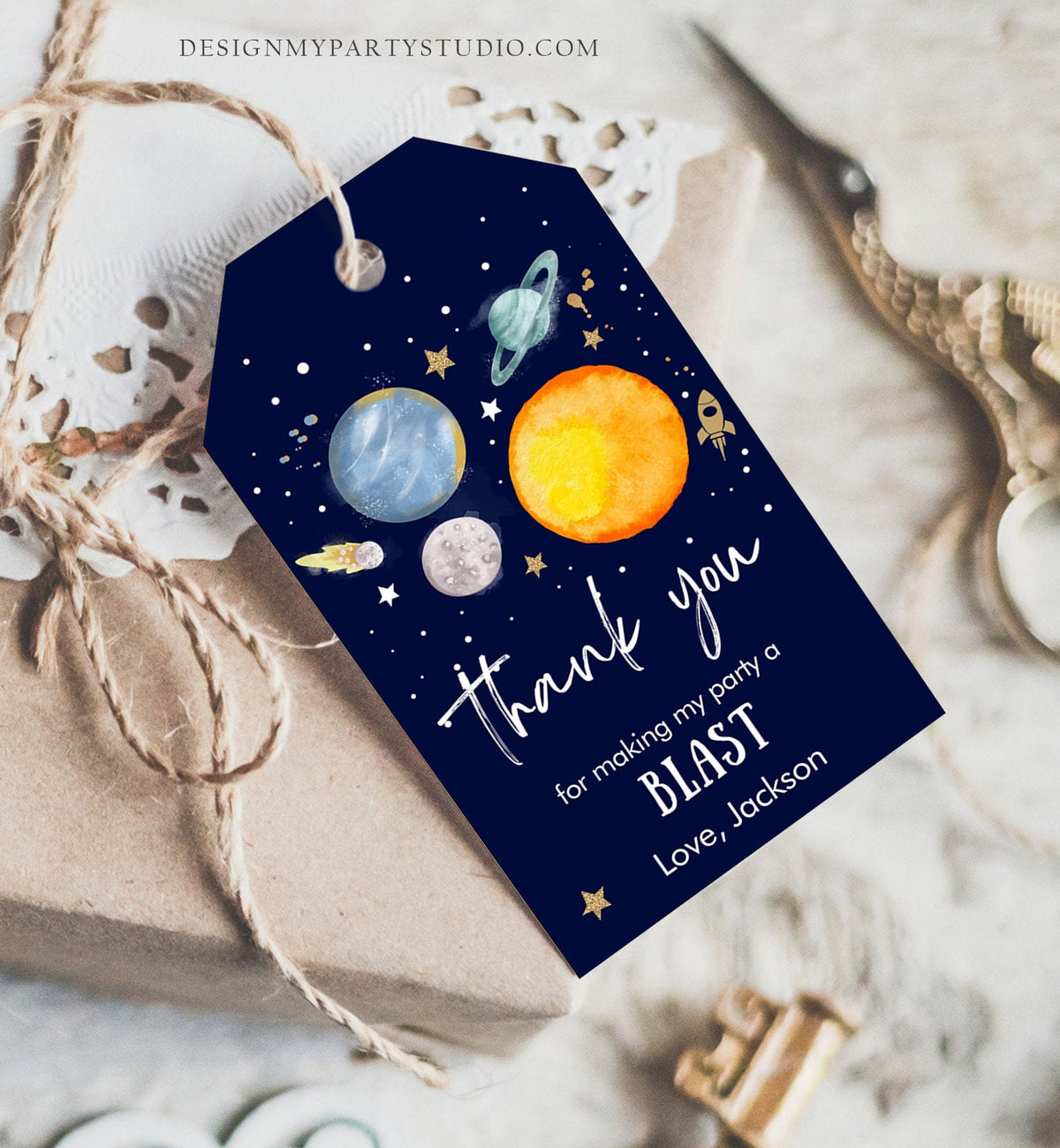 Editable Outer Space Favor Tags Space Birthday Thank you Label Galaxy Gift tags Trip Around the Sun Planets Template Corjl PRINTABLE 0357