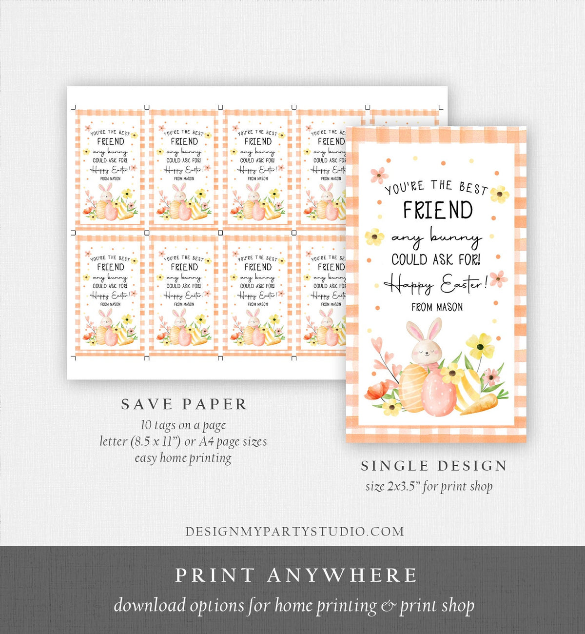 Editable Easter Gift Tags Easter You&#39;re the Best Friend Any Bunny Could Ask For Favor Tags Classroom Kids Bunny Digital PRINTABLE 0449