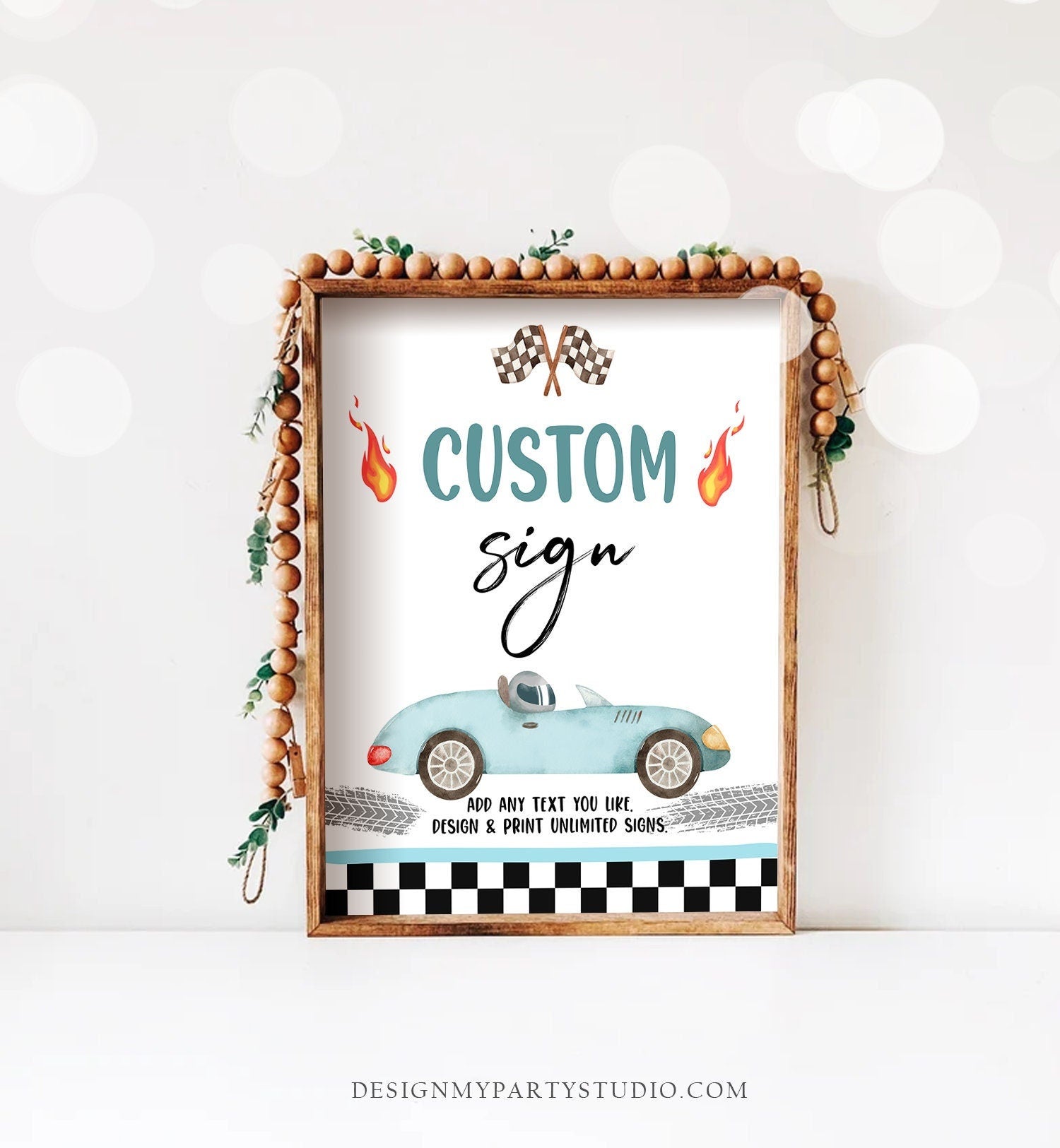Editable Custom Sign Race Car Birthday Growing Up Two Fast 2 Racing Vintage Cars Blue Boy Party 8x10 Download Corjl Template PRINTABLE 0424