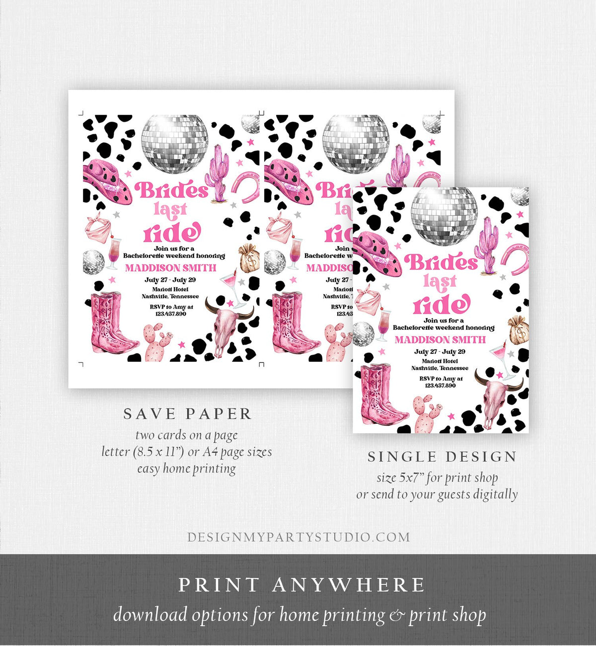 Editable Nashville Bachelorette Weekend Invitation Brides Last Ride Invitation &amp; Itinerary Nash Bash Download Printable Template Corjl 0455