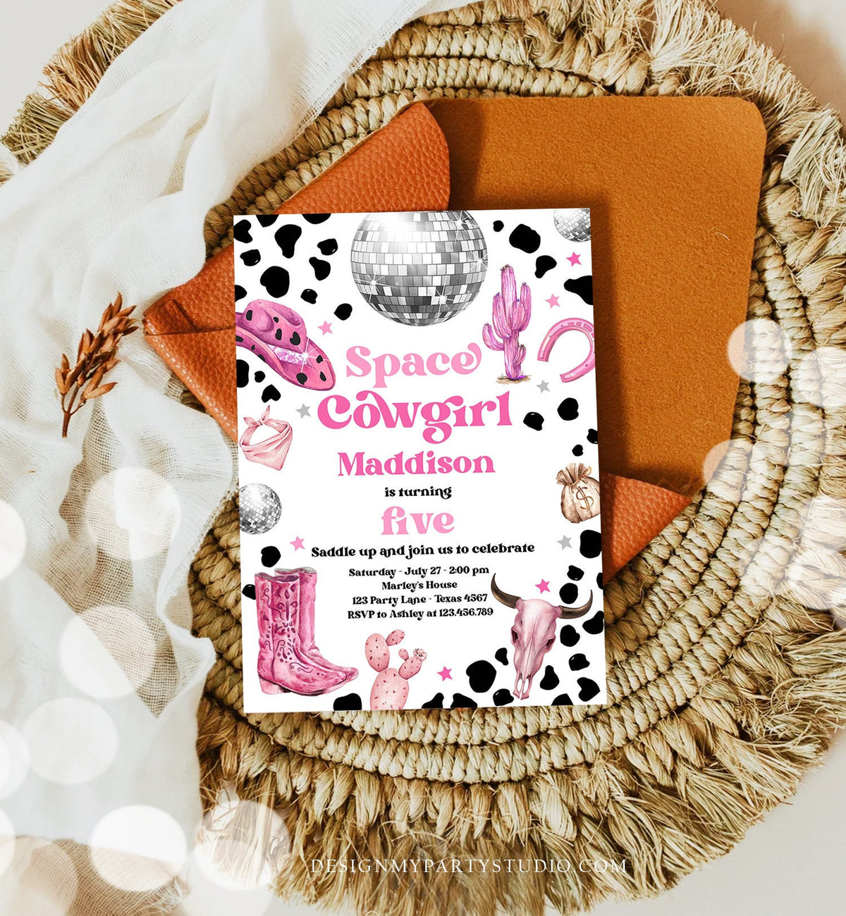 Editable Space Cowgirl Birthday Party Invitation Disco Cowgirl Invite Pink Girl Rodeo Country Digital Download Printable Template Corjl 0455