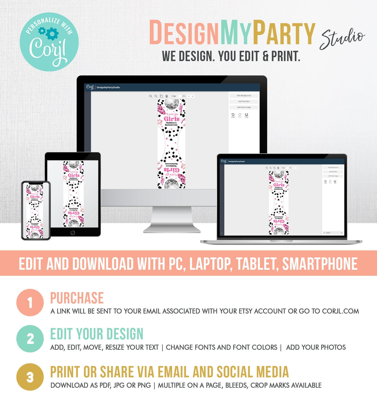 Lets Go Girls Bachelorette Party Favors Hair band Last Disco Bachelorette Favors Space Cowgirl Disco Nash Bash Template Printable Corjl 0455