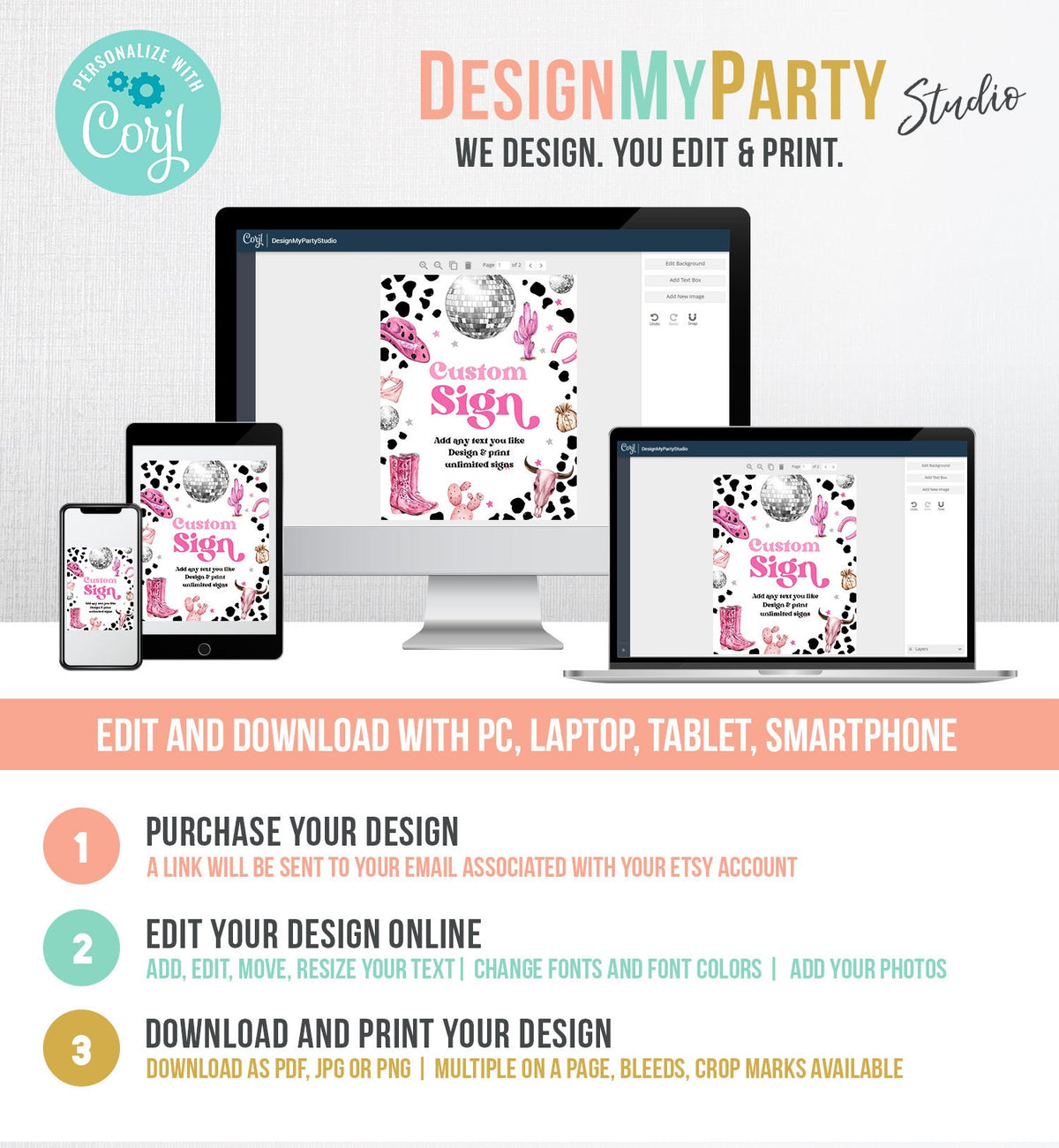 Editable Custom Sign Space Cowgirl Party Sign Disco Cowgirl Birthday Nashville Bash Rodeo Bridal Digital Download Template Printable 0455