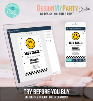 Editable Smiley Birthday Invitation Boy Smiley Face Invite Let's Party Teen 10th 13th 15th Download Printable Template Digital Corjl 0456
