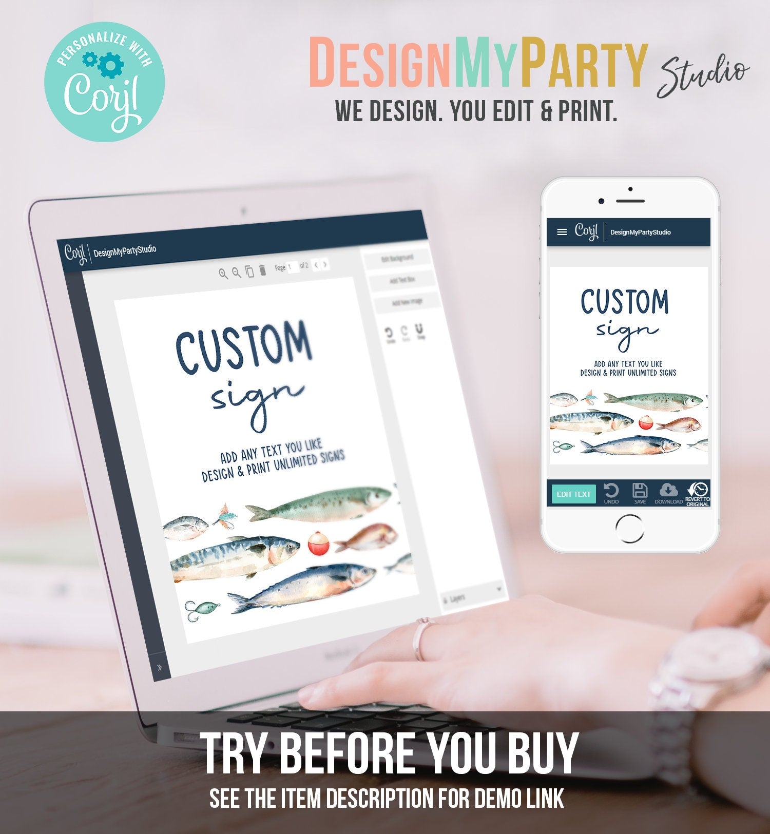 Editable Custom Sign Fishing Birthday Party Sign The Big One Birthday Fish Party Bobber Reeling in Boy 8x10 Download PRINTABLE Corjl 0454