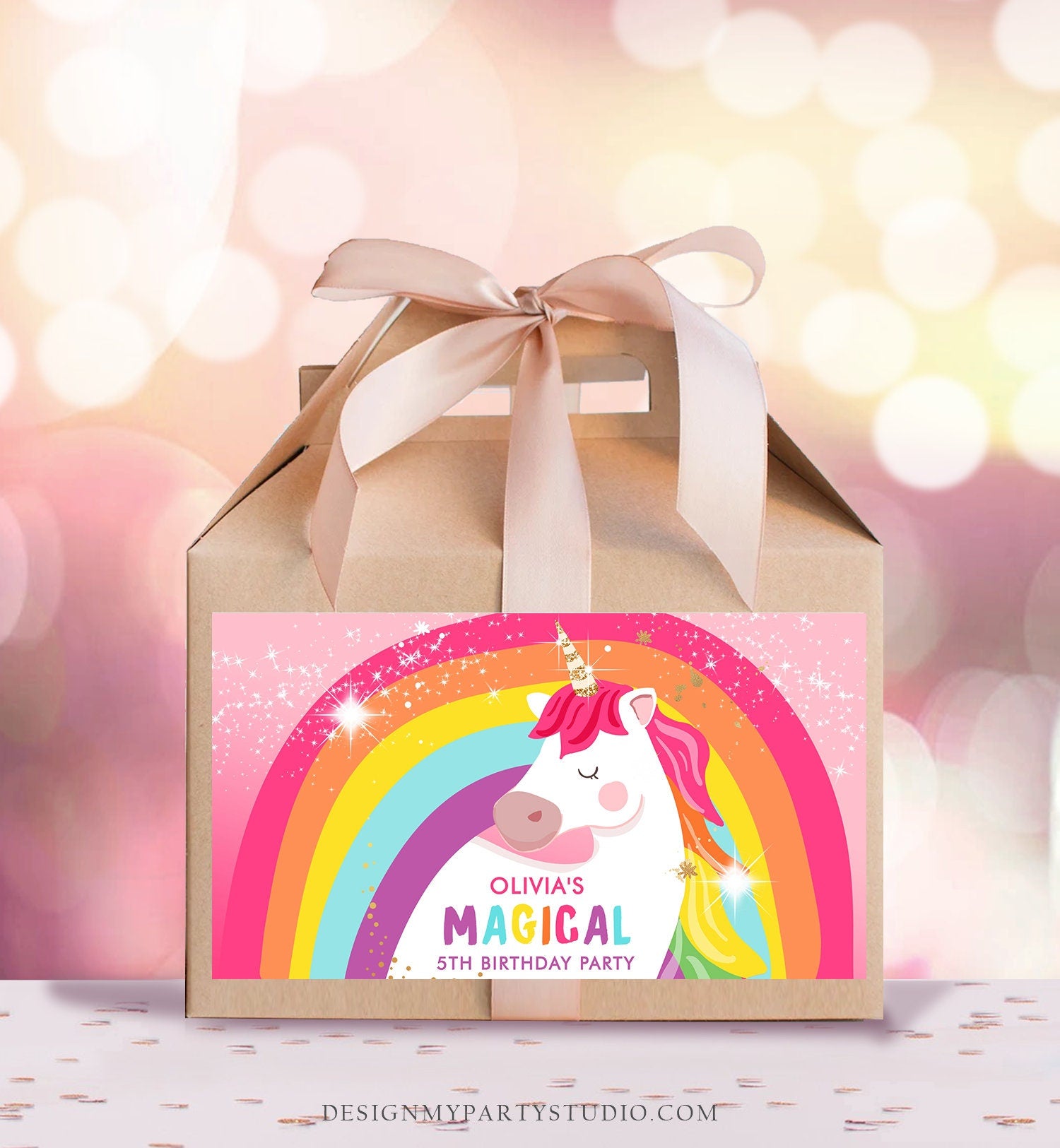 Editable Unicorn Birthday Party Gable Box Favor Label Magical Unicorn Gift Box Girl Pink Rainbow Digital Download Template Printable 0323