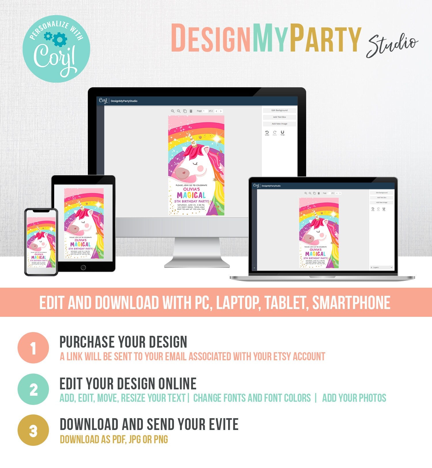 Editable Unicorn Birthday Evite Magical Unicorn Party Girl Pink Gold Unicorn Invitation Rainbow Phone Digital Evite Template Printable 0323