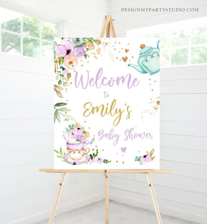 Editable Tea Baby Shower Welcome Sign Baby is Brewing Floral Purple Gold Whimsical Neutral Shower Garden Party Template PRINTABLE Corjl 0349