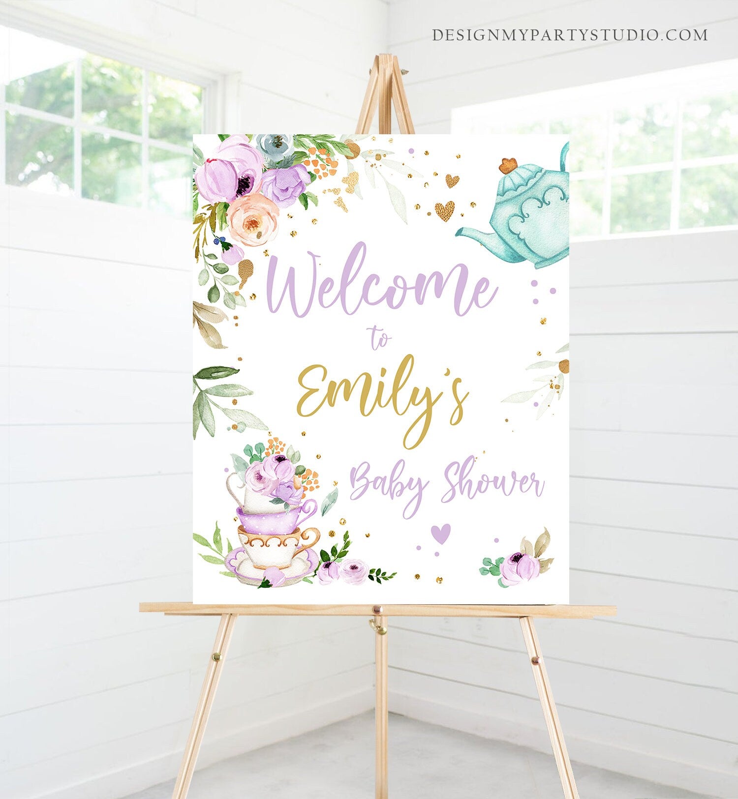 Editable Tea Baby Shower Welcome Sign Baby is Brewing Floral Purple Whimsical Neutral Shower Garden Party Digital Template Printable 0349