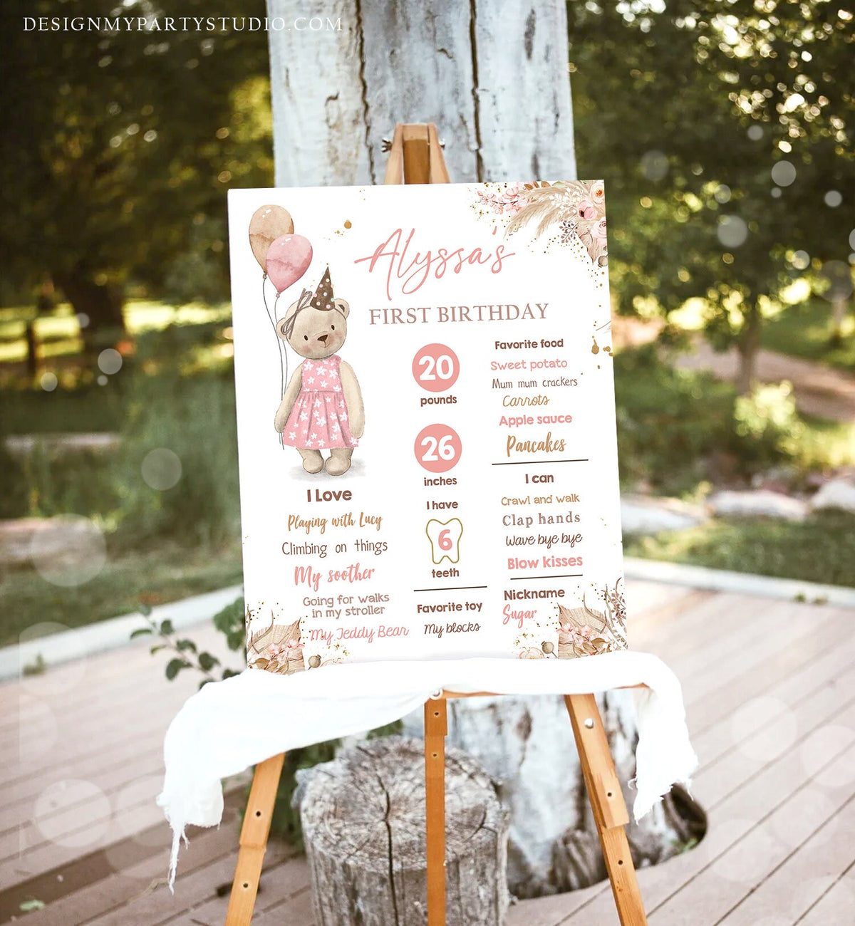 Editable Teddy Bear 1st Birthday Milestones Sign Girl Teddy Bear Picnic Birthday First Birthday Beary Download Corjl Template Printable 0421