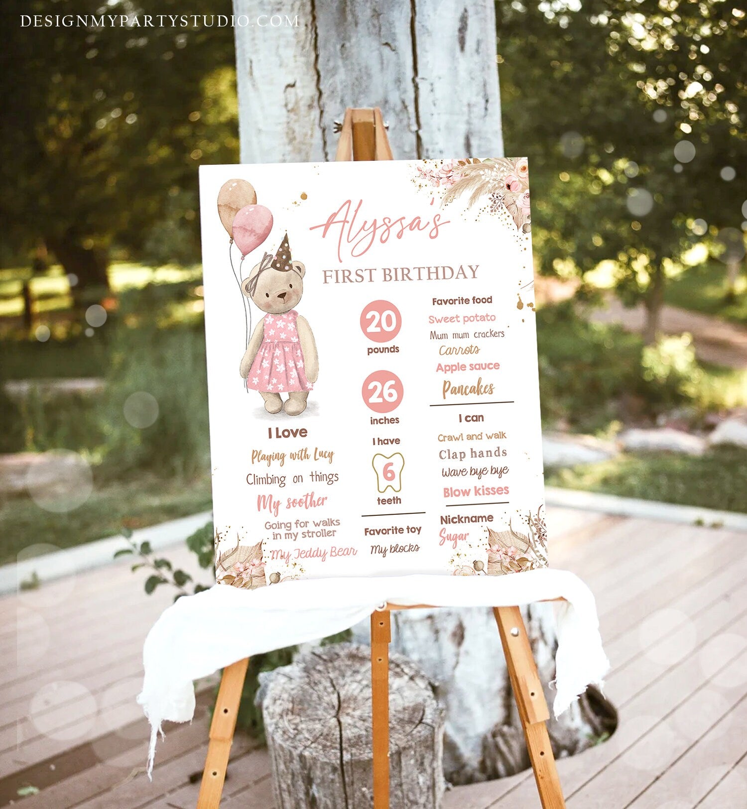 Editable Teddy Bear 1st Birthday Milestones Sign Girl Teddy Bear Picnic Birthday First Birthday Beary Download Corjl Template Printable 0421