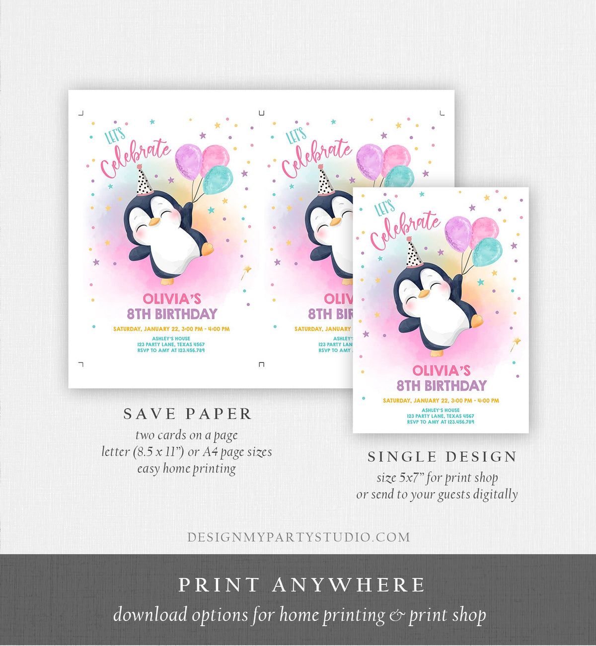 Editable Penguin Birthday Invitation Winter Party Arctic Animals Girl birthday Party Cute Penguin Baby Shower Printable Digital Evite 0372