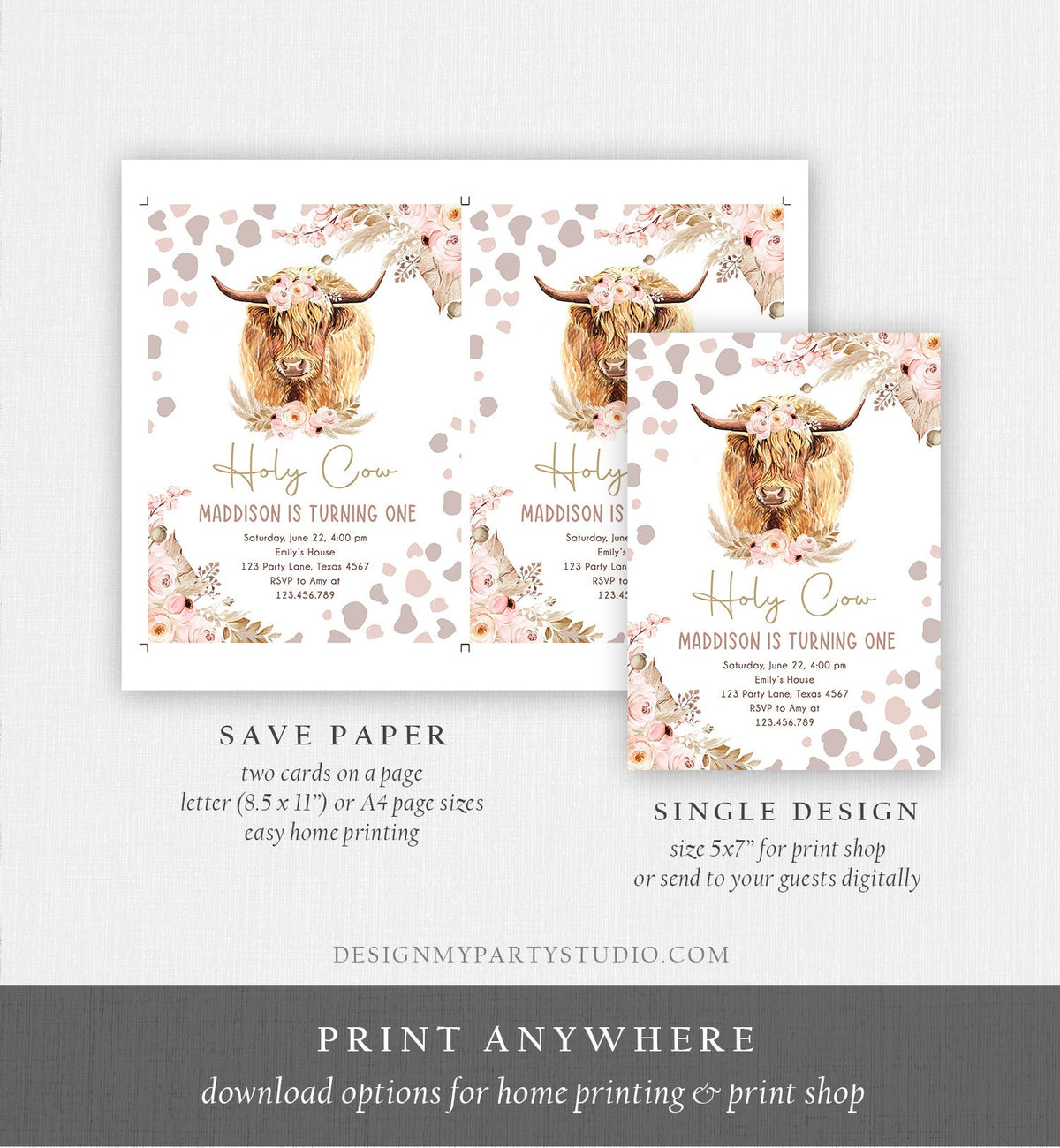 Editable Boho Cow Birthday Invitation Girl Farm Animals Pink Floral Pampas Grass Holy Cow I&#39;m One 1st Highland Printable Template Corjl 0453