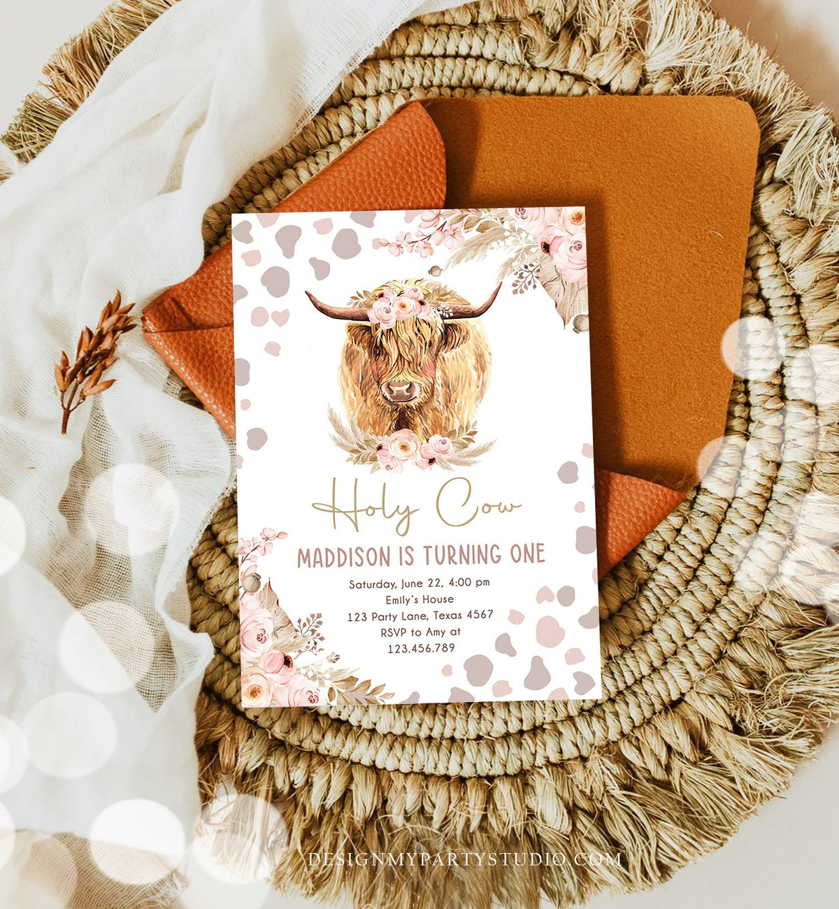 Editable Boho Cow Birthday Invitation Girl Farm Animals Pink Floral Pampas Grass Holy Cow I&#39;m One 1st Highland Printable Template Corjl 0453