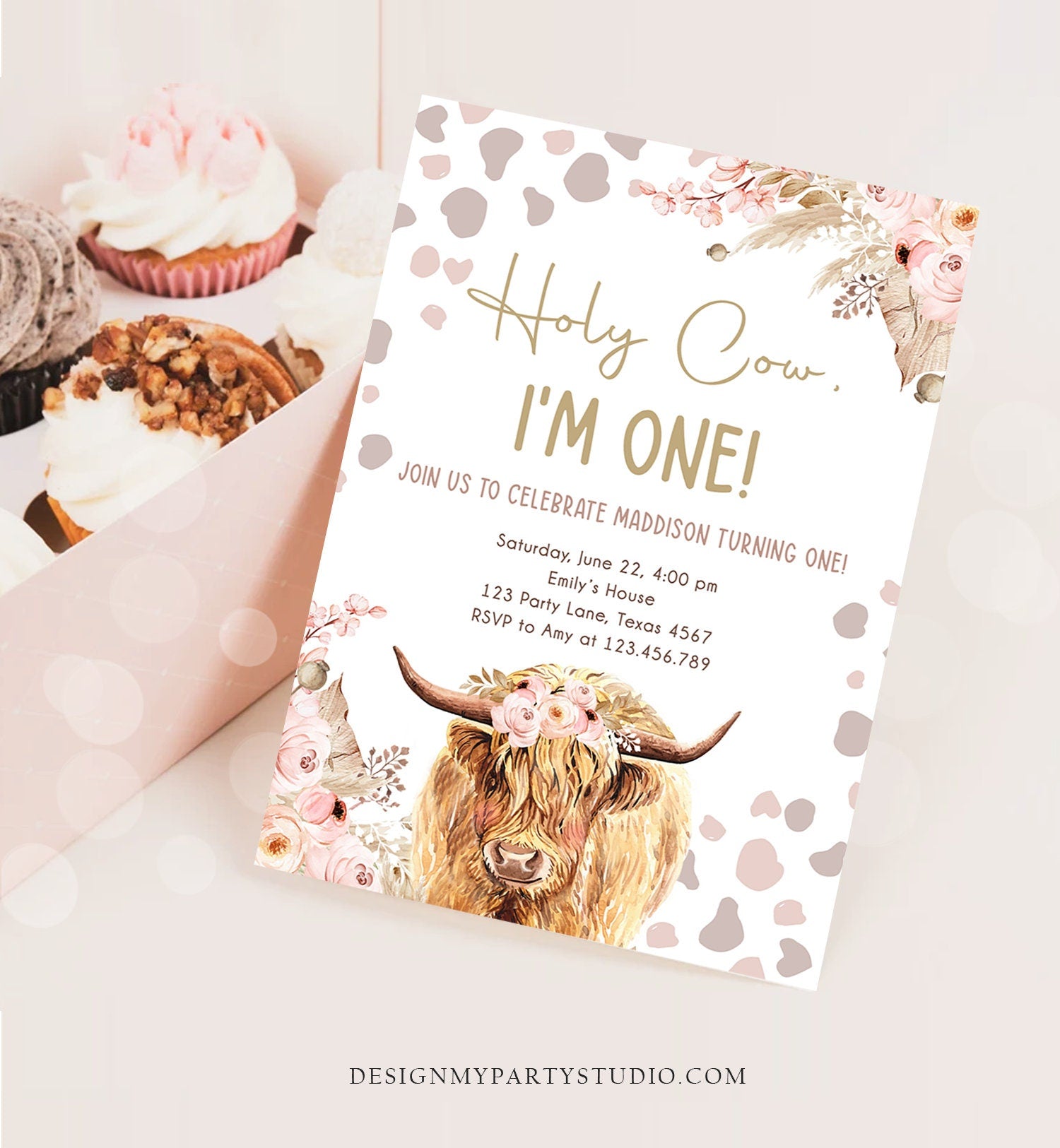 Editable Boho Cow Birthday Invitation Girl Farm Floral Pampas Grass Holy Cow I'm One 1st Birthday Download Printable Template Corjl 0453