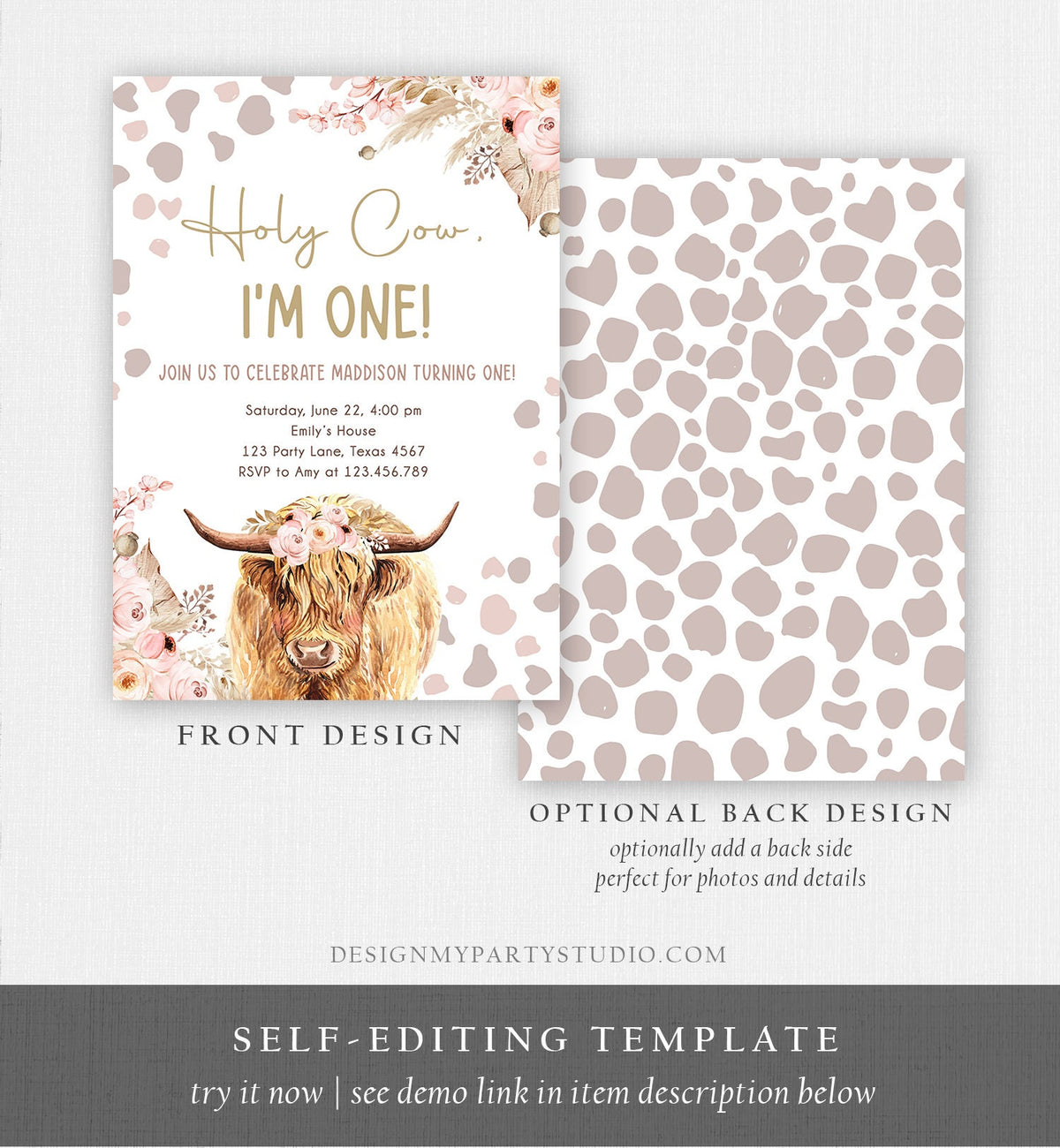 Editable Boho Cow Birthday Invitation Girl Farm Floral Pampas Grass Holy Cow I&#39;m One 1st Birthday Download Printable Template Corjl 0453