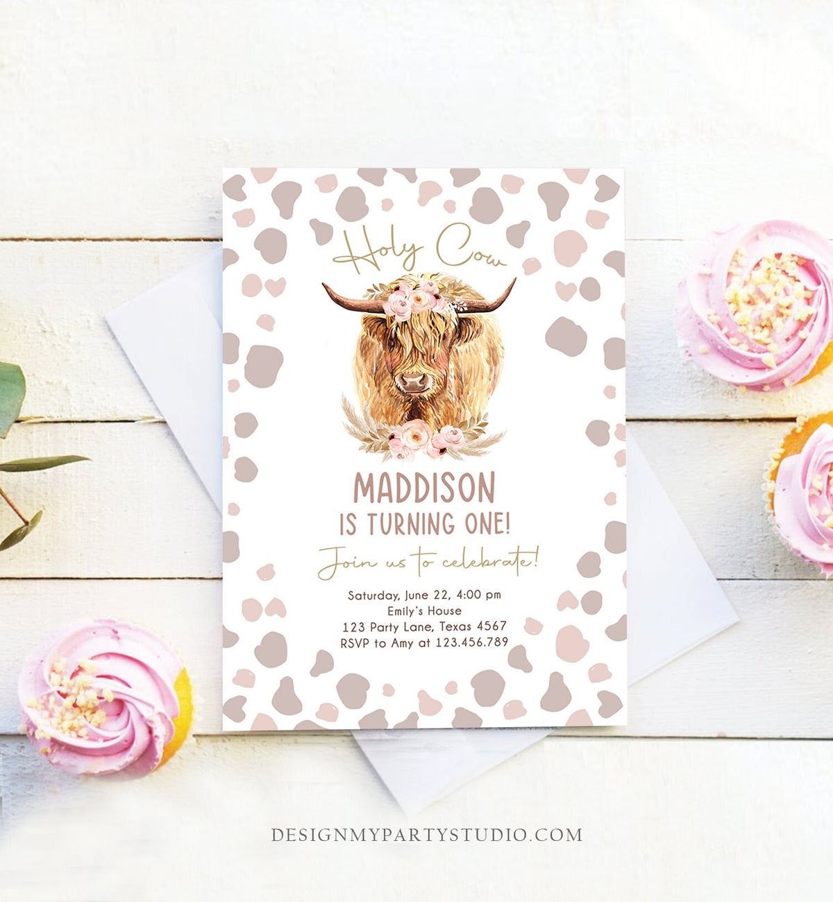 Editable Boho Cow Birthday Invitation Girl Farm Animals Pink Floral Pampas Grass Holy Cow I&#39;m One 1st Highland Printable Template Corjl 0453