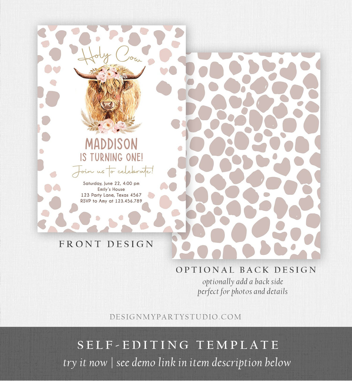 Editable Boho Cow Birthday Invitation Girl Farm Animals Pink Floral Pampas Grass Holy Cow I&#39;m One 1st Highland Printable Template Corjl 0453