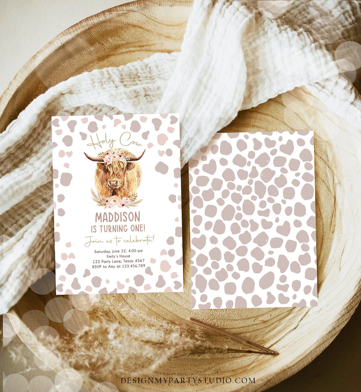 Editable Boho Cow Birthday Invitation Girl Farm Animals Pink Floral Pampas Grass Holy Cow I&#39;m One 1st Highland Printable Template Corjl 0453