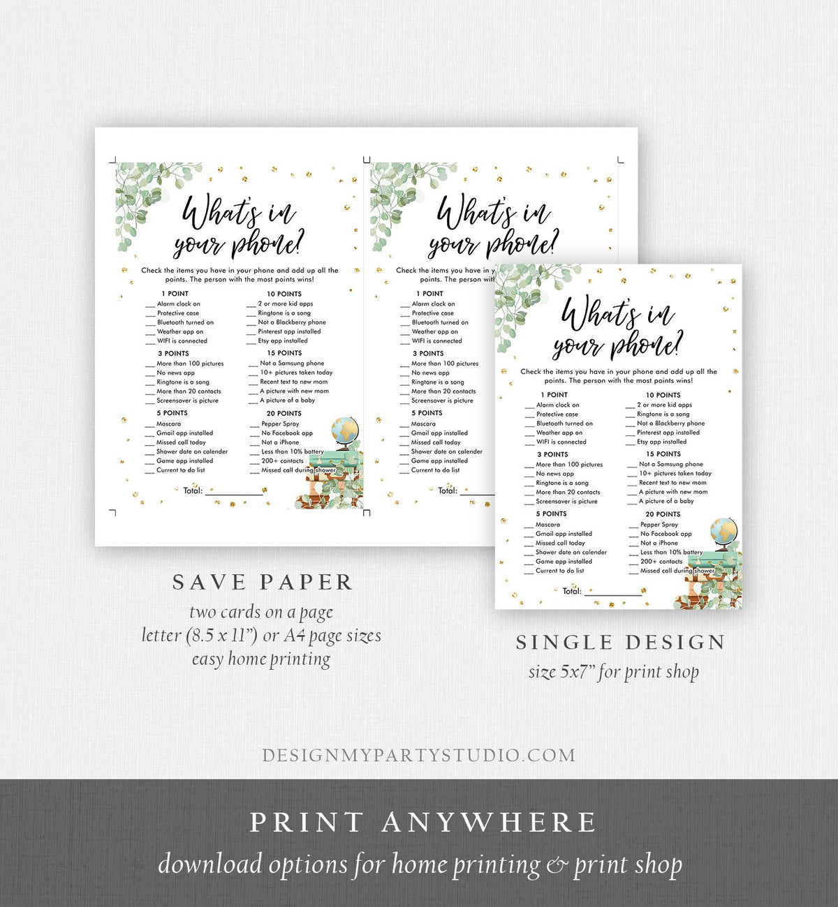 Editable What&#39;s in Your Phone Bridal Shower Game Wedding Shower Activity Eucalyptus Gold Confetti Flowers Digital Template Printable 0030