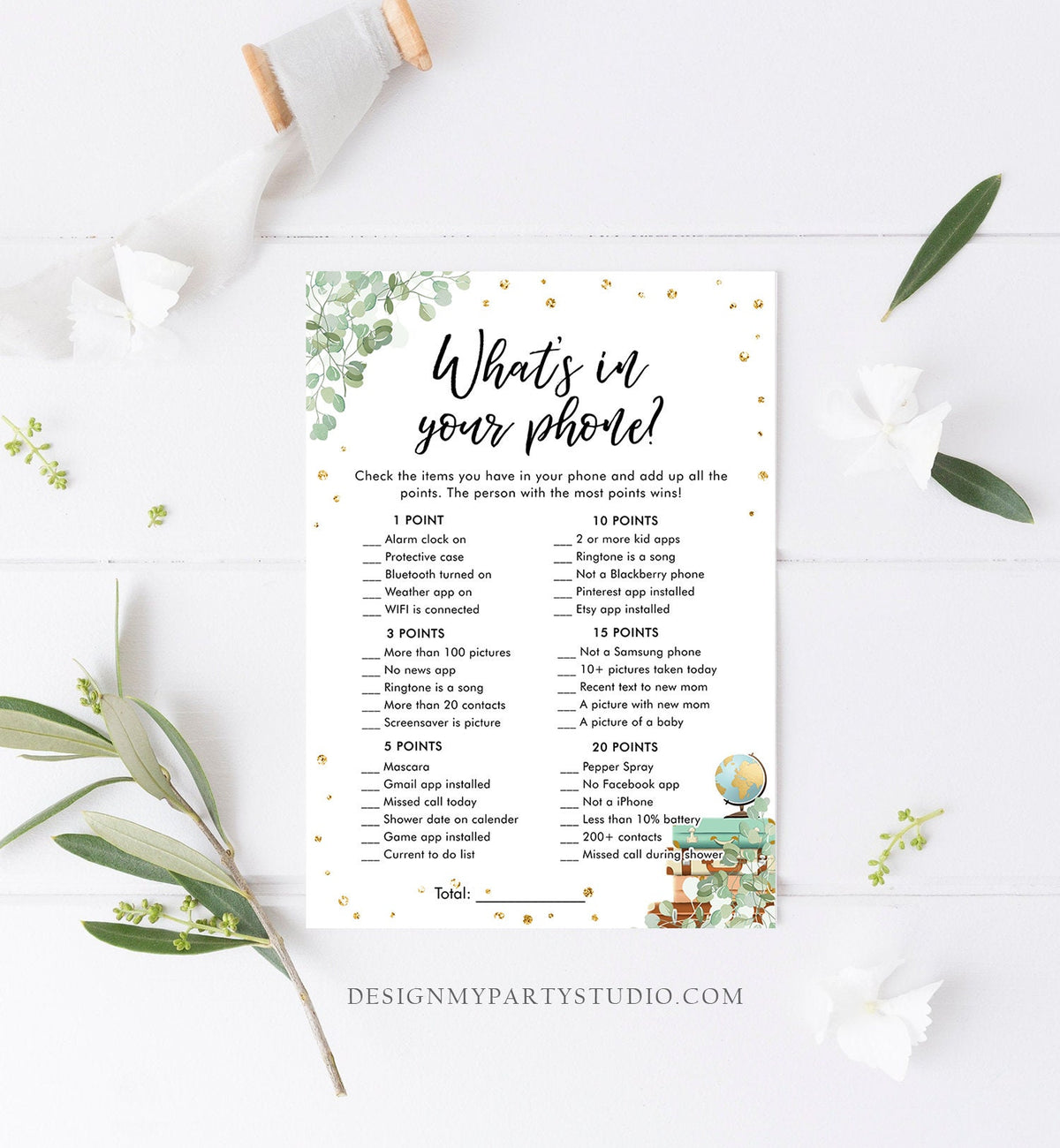 Editable What&#39;s in Your Phone Bridal Shower Game Wedding Shower Activity Eucalyptus Gold Confetti Flowers Digital Template Printable 0030