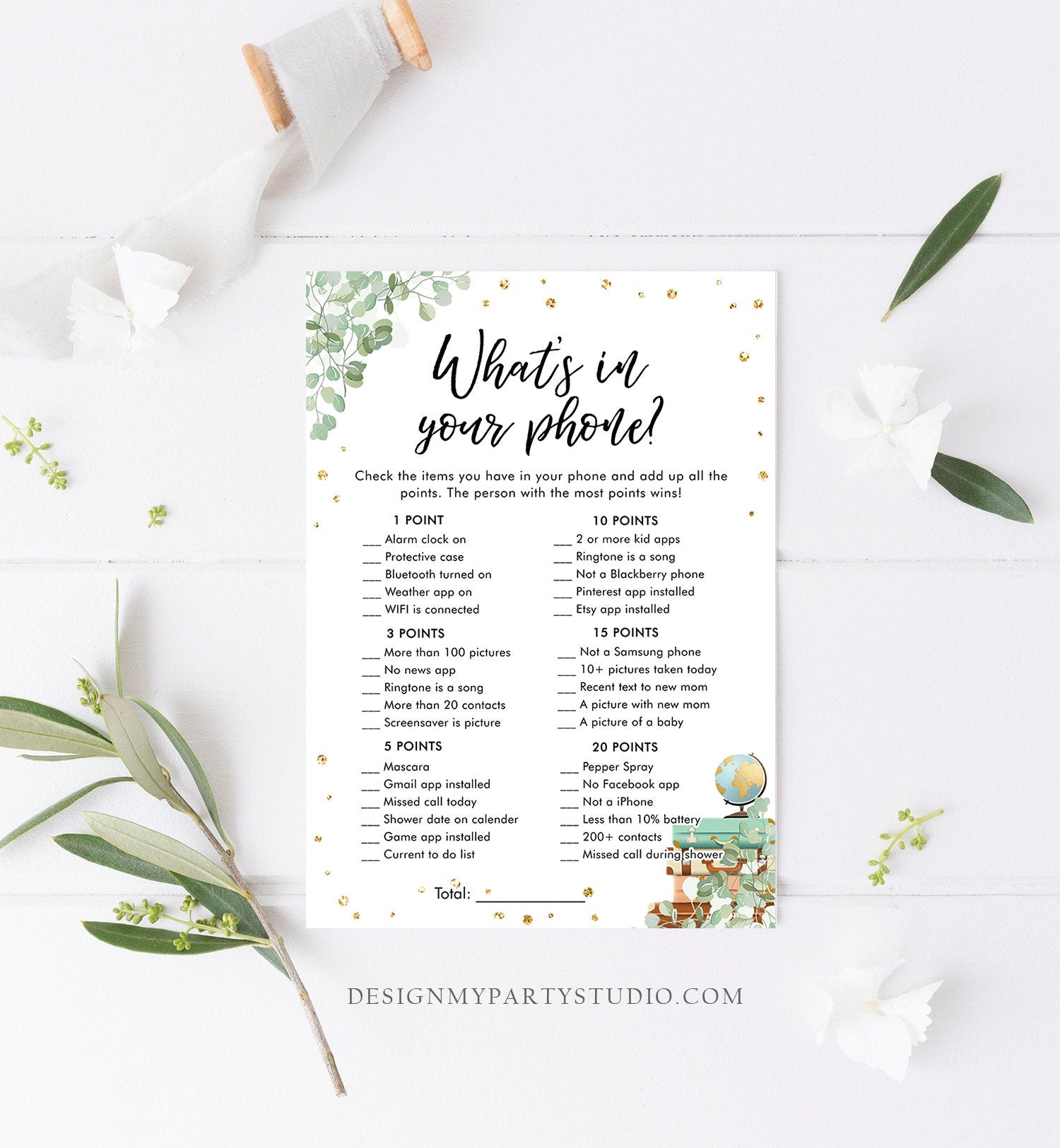 Editable What's in Your Phone Bridal Shower Game Wedding Shower Activity Eucalyptus Gold Confetti Flowers Digital Template Printable 0030