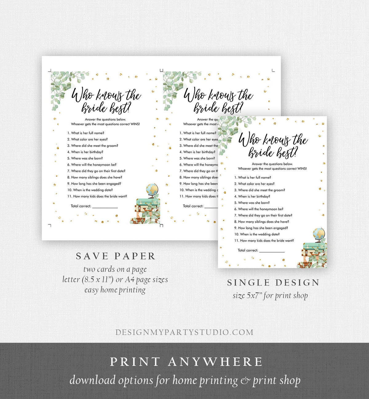 Editable Who Knows the Bride Best Bridal Shower Game Wedding Shower Activity Eucalyptus Gold Confetti Digital Template Printable 0030