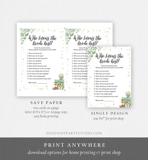 Editable Who Knows the Bride Best Bridal Shower Game Wedding Shower Activity Eucalyptus Gold Confetti Corjl Template Printable 0030