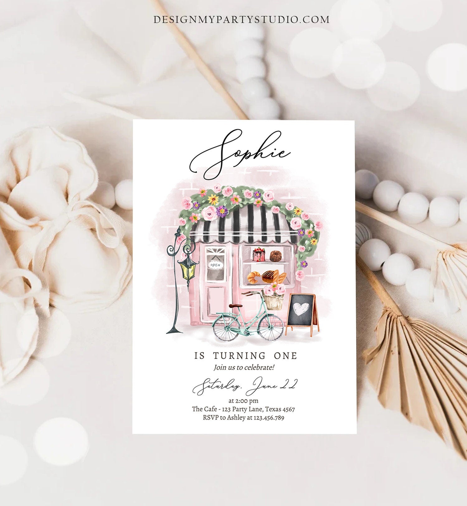 Editable Paris Birthday Invitation Girl Tea Party Invite Pink Floral French Parisian Cafe Patisserie Printable Template Evite Digital 0441