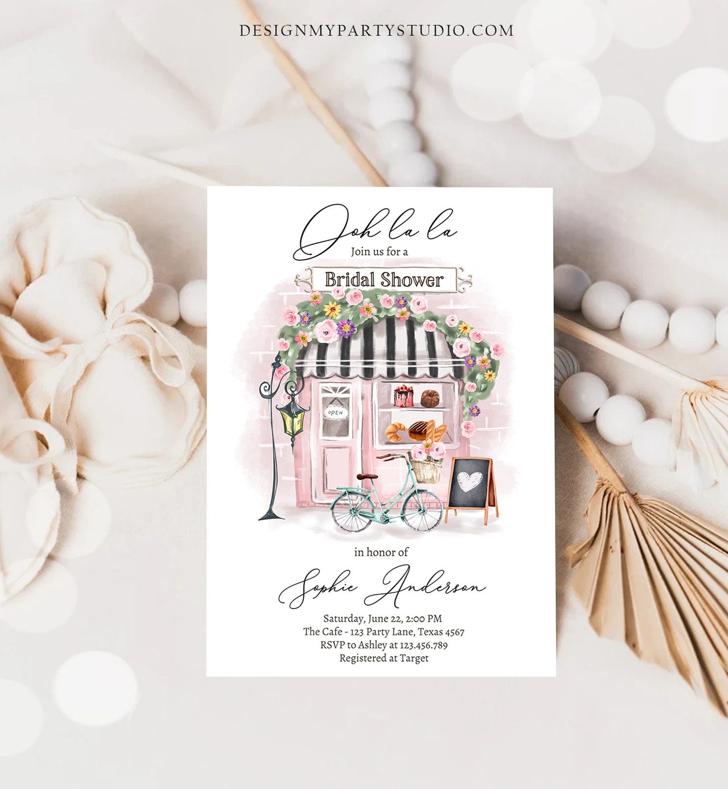 Editable Paris Bridal Shower Invitation French Patisserie Parisian Tea Party Brunch Ooh La La Cafe Floral Pink Printable Corjl Digital 0441
