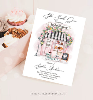Editable Paris Bridal Shower Invitation She Said Oui French Patisserie Parisian Tea Party Floral Pink Printable Template Corjl Digital 0441