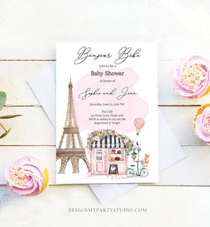 Editable Paris Baby Shower Invitation Bonjour Bebe French Patisserie Parisian Eiffel Tower Floral Pink Printable Template Corjl Digital 0441