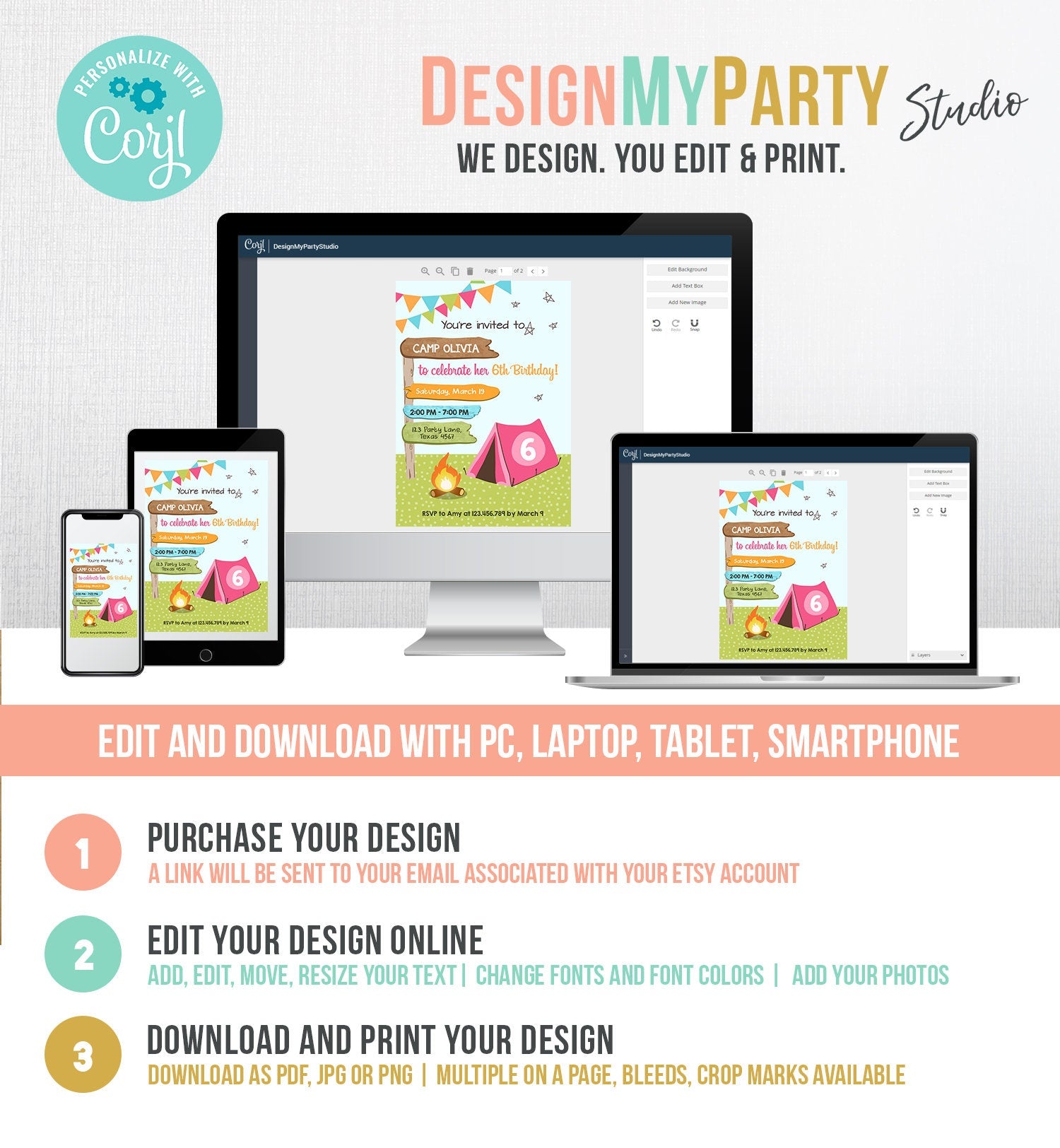 Editable Happy Camper Birthday Invitation Girl Pink Camping Party Pink Camper Glamping Digital Download Evite Template Printable 0452