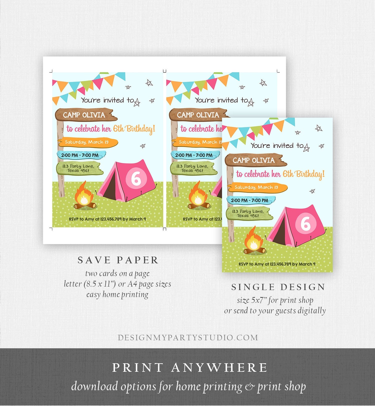 Editable Happy Camper Birthday Invitation Girl Pink Camping Party Pink Camper Glamping Digital Download Evite Template Printable 0452