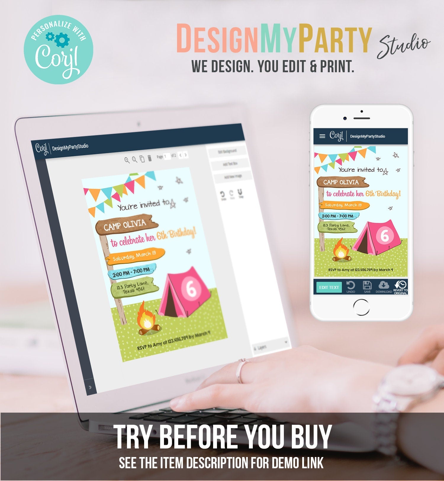 Editable Happy Camper Birthday Invitation Girl Pink Camping Party Pink Camper Glamping Digital Download Evite Template Printable 0452