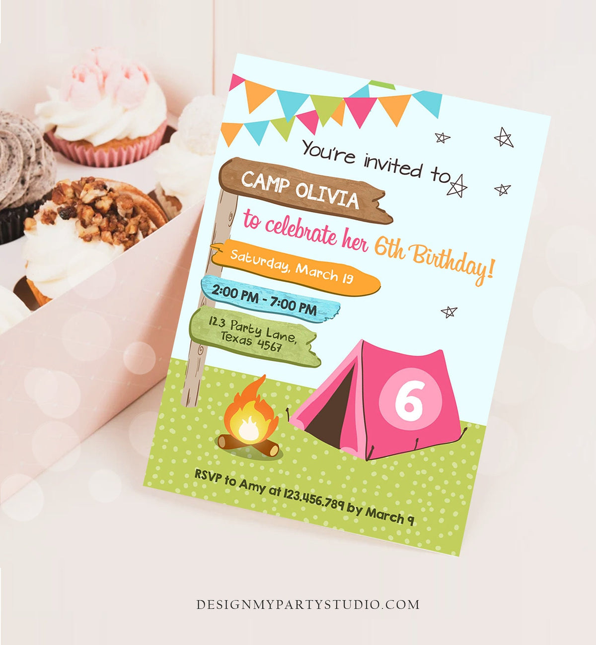 Editable Happy Camper Birthday Invitation Girl Pink Camping Party Pink Camper Glamping Digital Download Evite Template Printable 0452