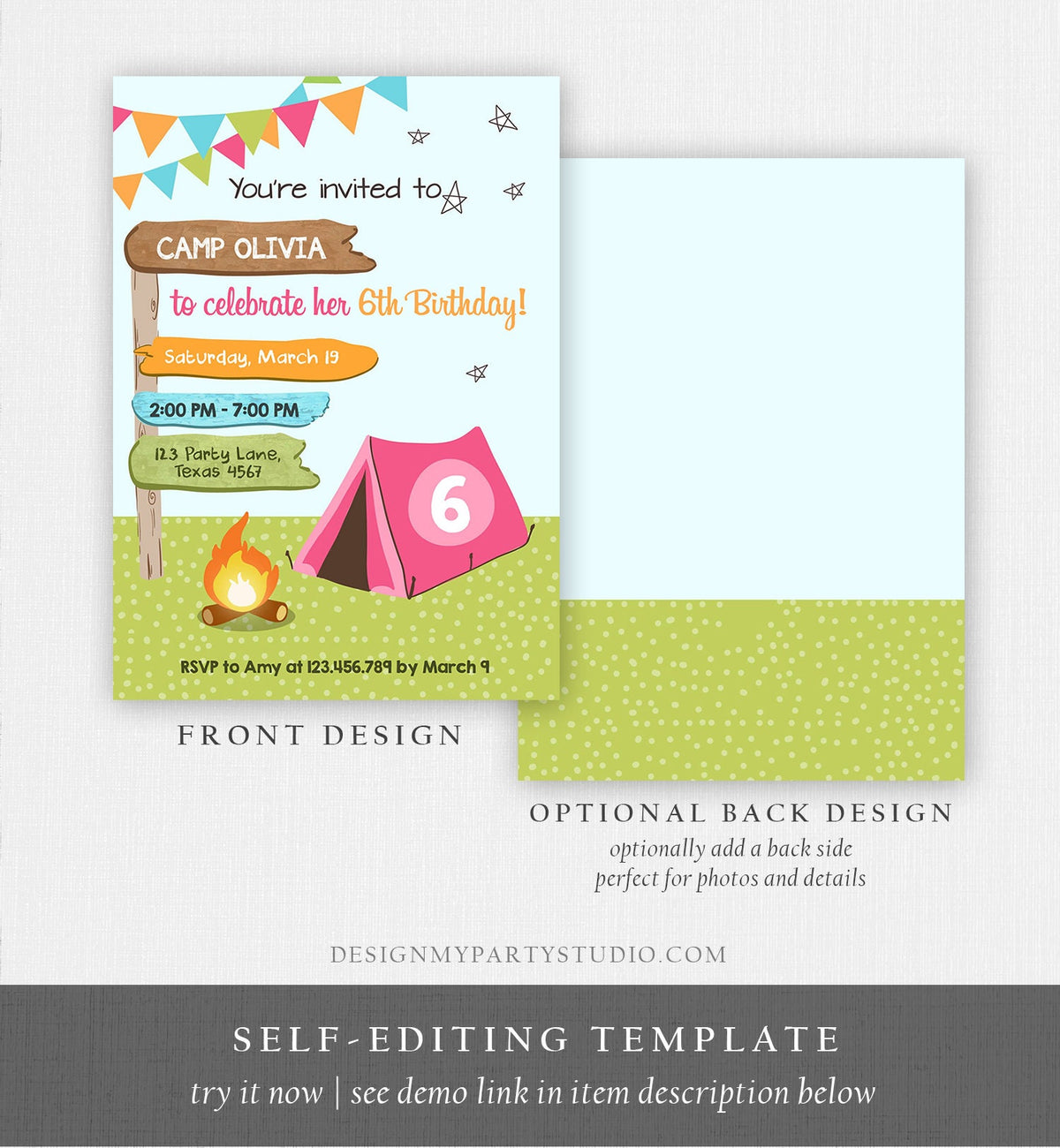 Editable Happy Camper Birthday Invitation Girl Pink Camping Party Pink Camper Glamping Digital Download Evite Template Printable 0452