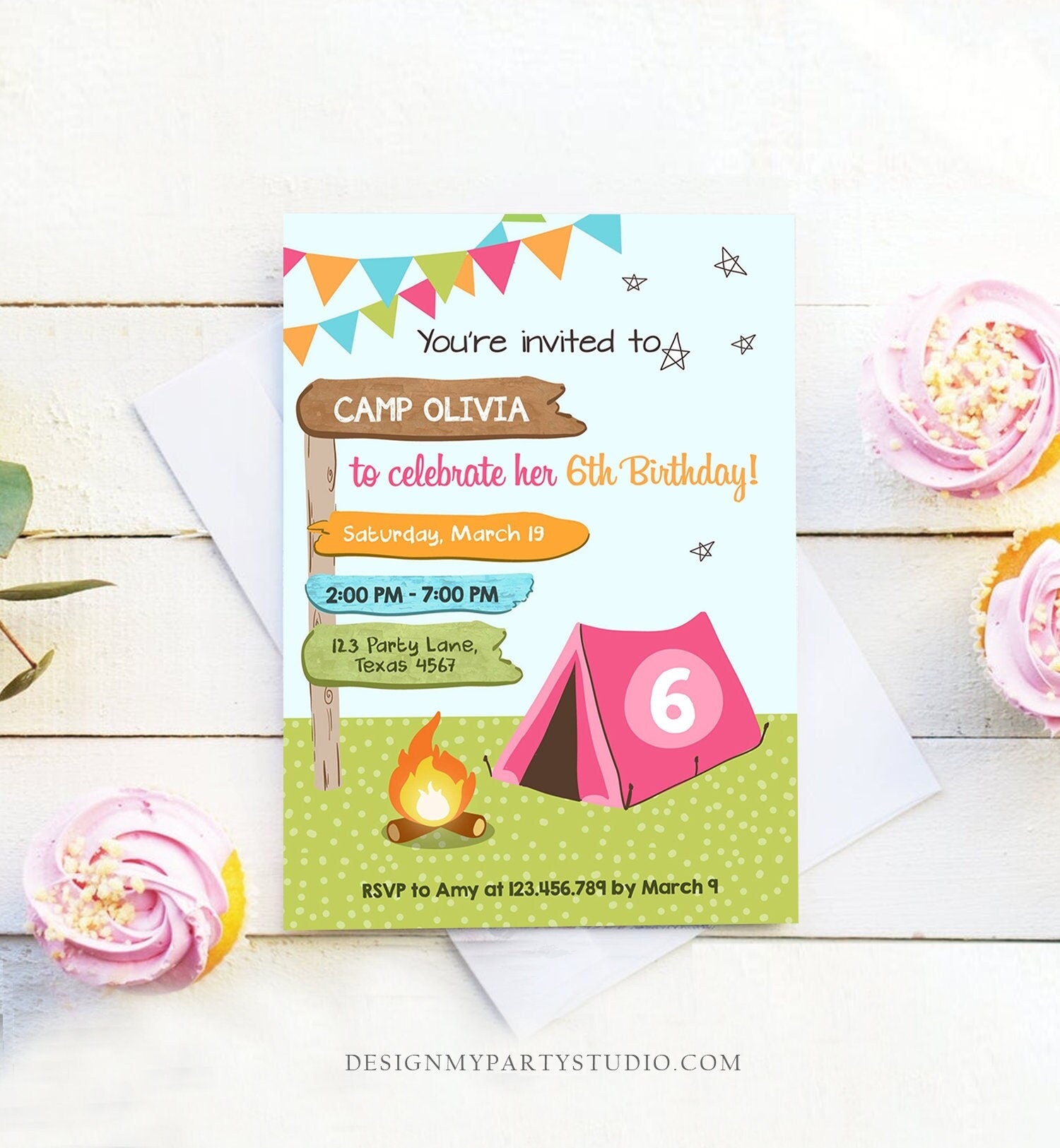 Editable Happy Camper Birthday Invitation Girl Pink Camping Party Pink Camper Glamping Digital Download Evite Template Printable 0452