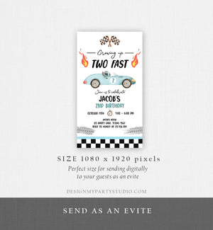 Editable Racing Car Birthday Invitation Growing Up Two Fast Evite Second Birthday 2nd Boy Blue Electronic Phone Template Digital Corjl 0424