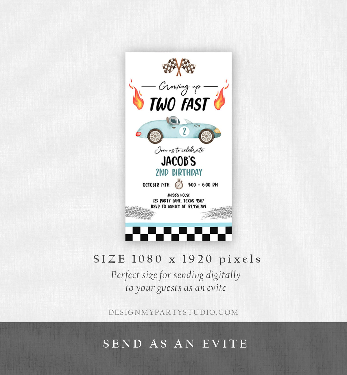 Editable Racing Car Birthday Invitation Growing Up Two Fast Second Birthday 2nd Boy Blue Electronic Phone Digital Evite Template 0424