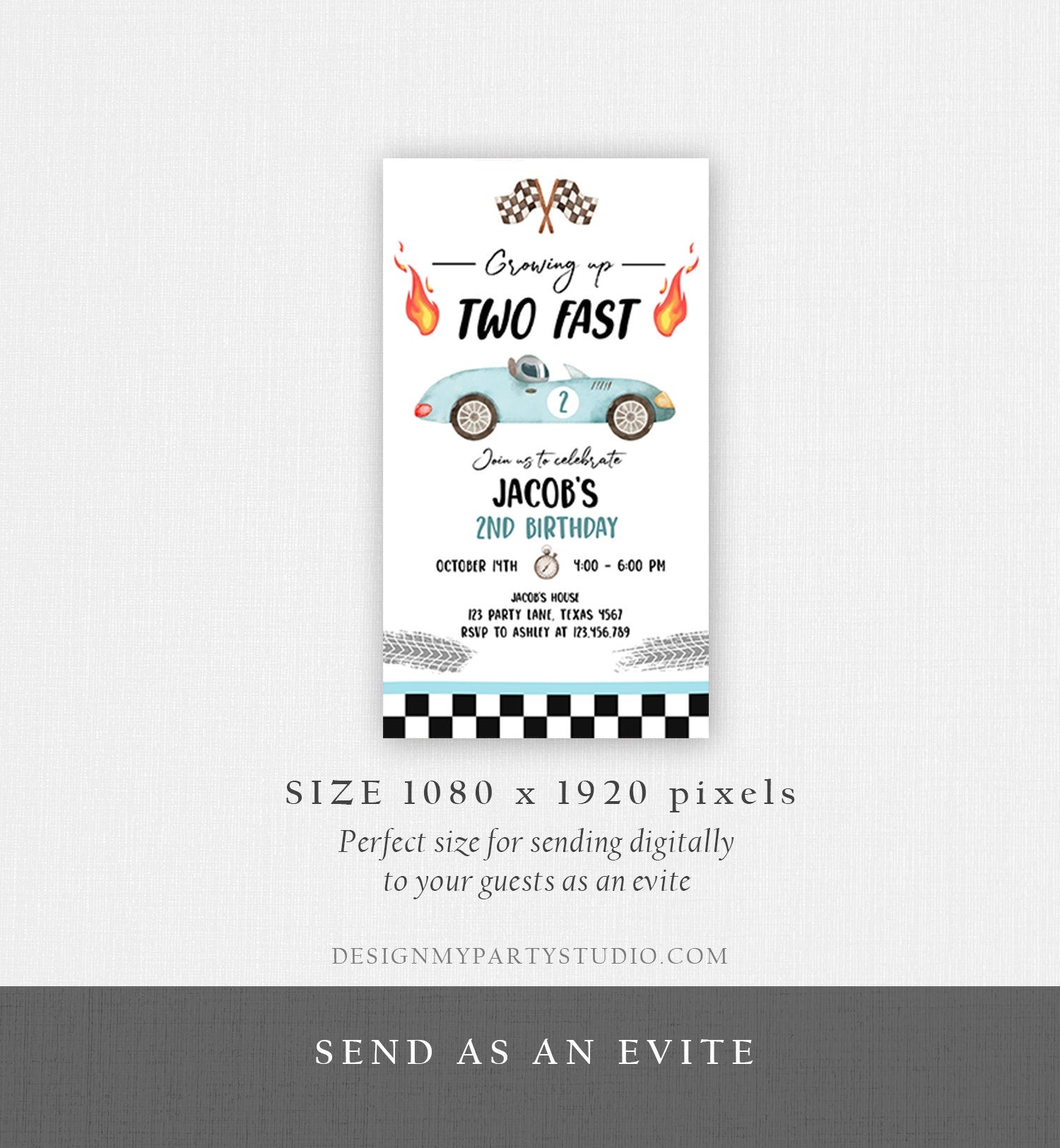Editable Racing Car Birthday Invitation Growing Up Two Fast Second Birthday 2nd Boy Blue Electronic Phone Digital Evite Template 0424