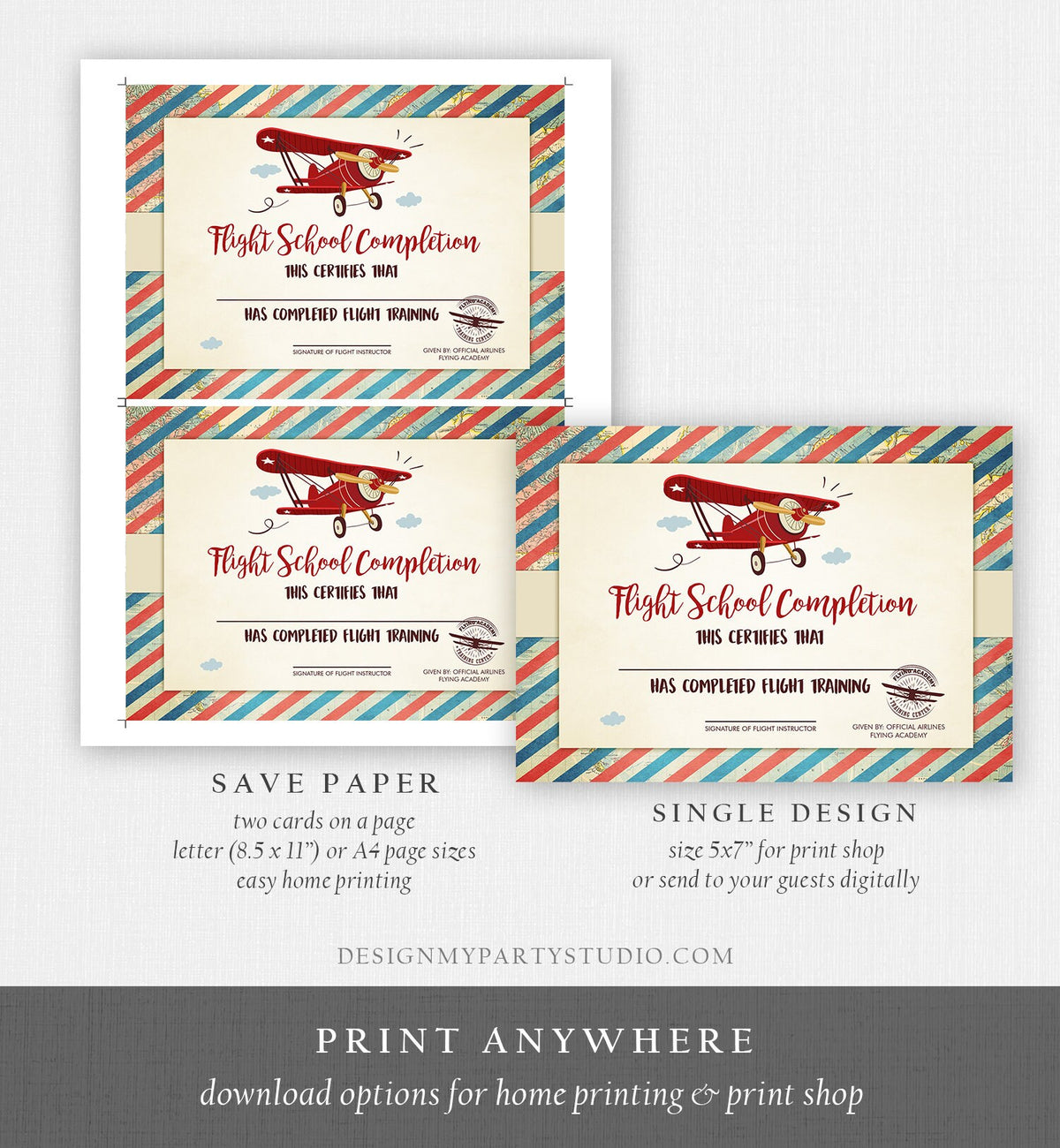 Flight School Certificate Airplane Birthday Party Certificate Boy Airplane Party Favor Birthday Game Instant Download Digital PRINTABLE 0011