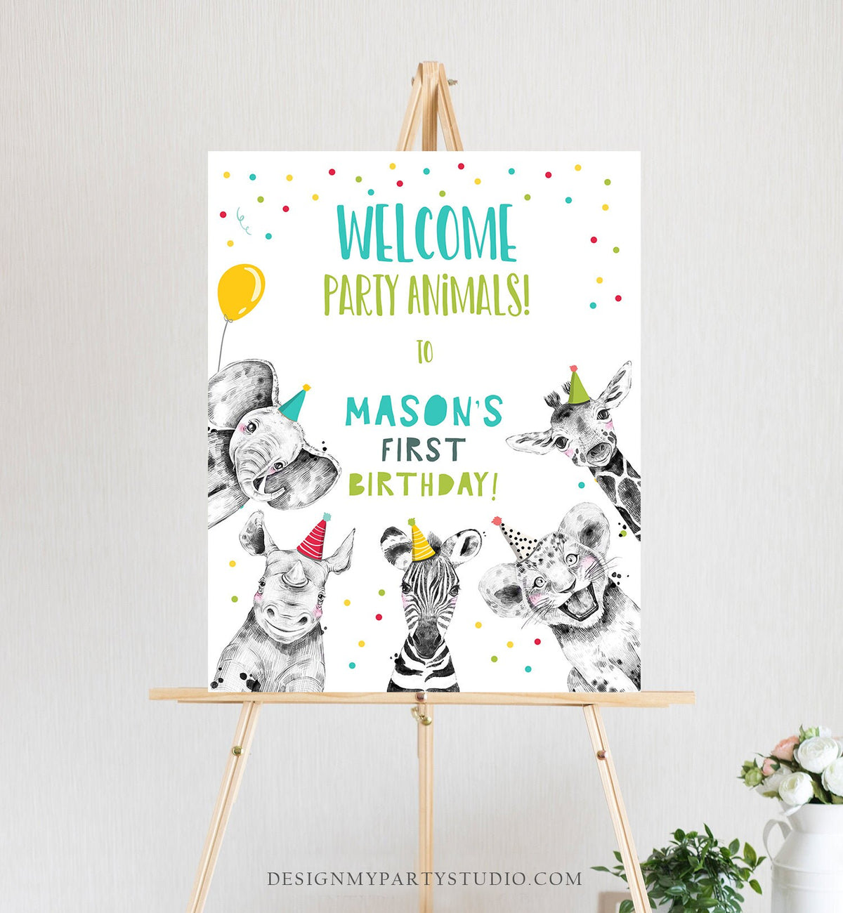 Editable Party Animals Birthday Welcome Sign Safari Animals Sign Welcome Jungle Sign Birthday Animals Boy Digital Template Printable 0390
