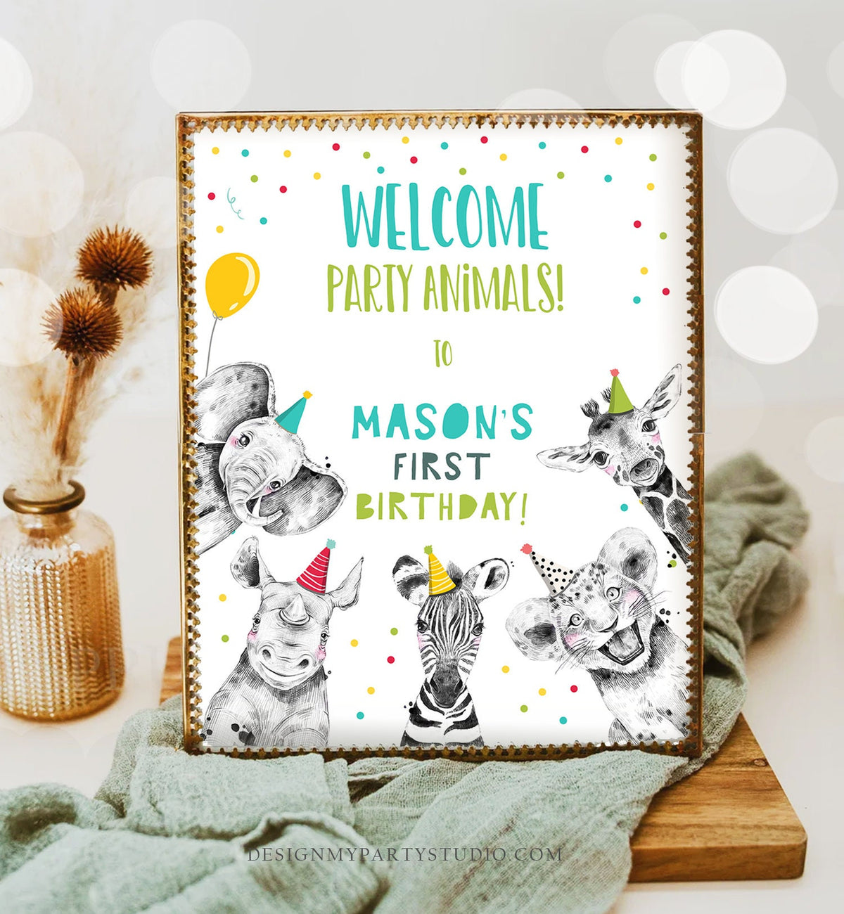Editable Party Animals Birthday Welcome Sign Safari Animals Sign Welcome Jungle Sign Birthday Animals Boy Digital Template Printable 0390