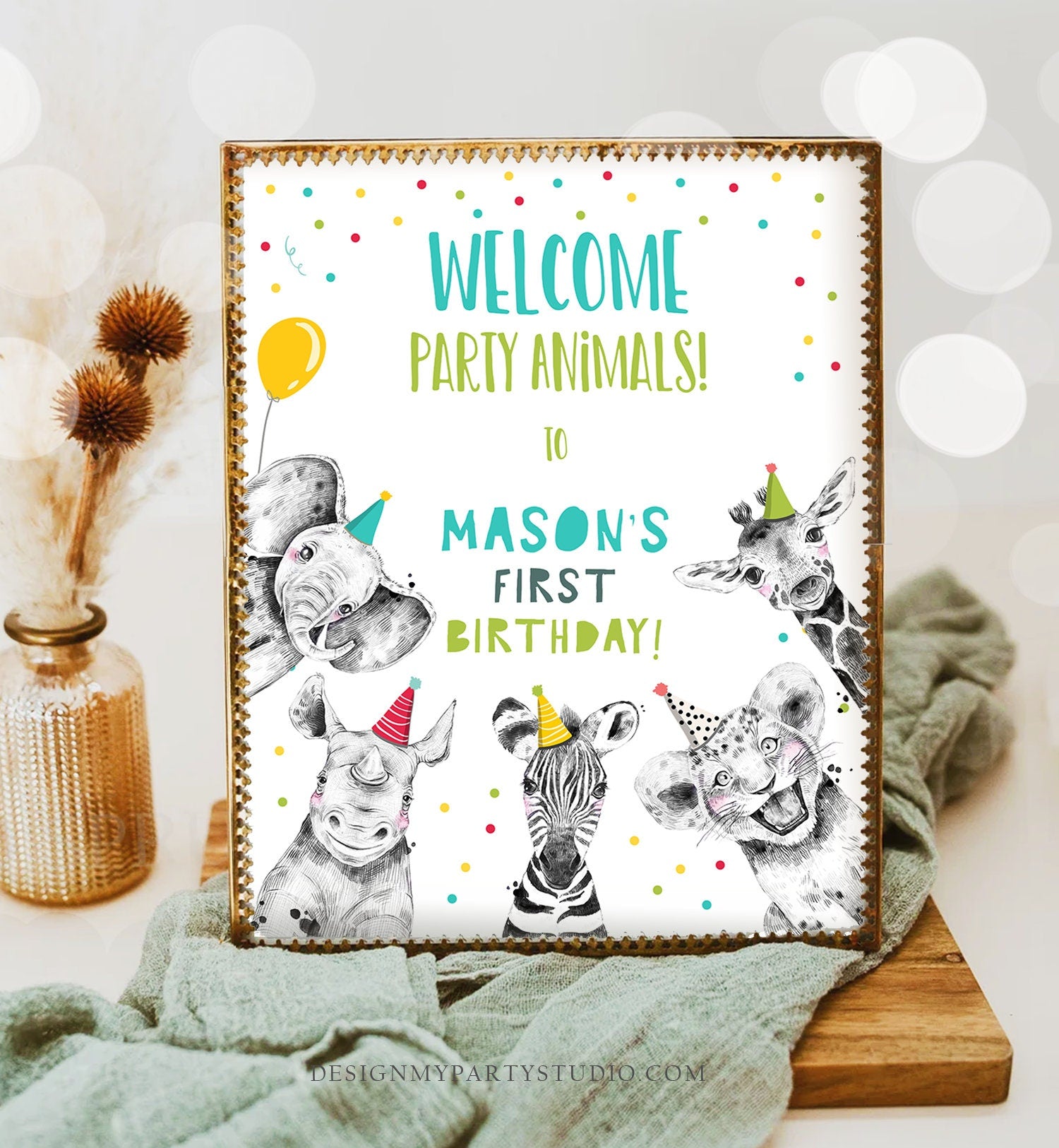Editable Party Animals Birthday Welcome Sign Safari Animals Sign Welcome Jungle Sign Birthday Animals Boy Digital Template Printable 0390