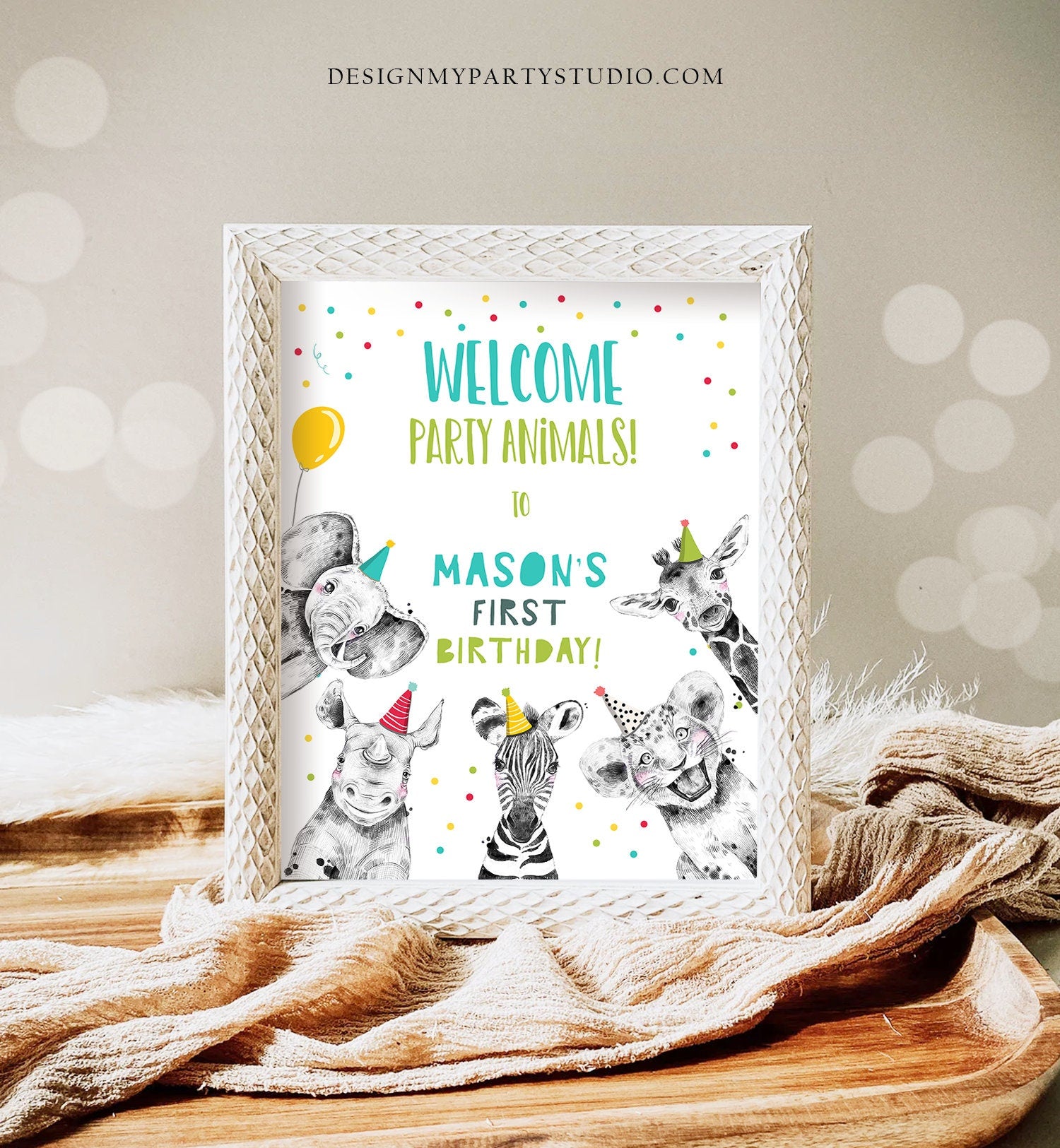 Editable Party Animals Birthday Welcome Sign Safari Animals Sign Welcome Jungle Sign Birthday Animals Boy Digital Template Printable 0390