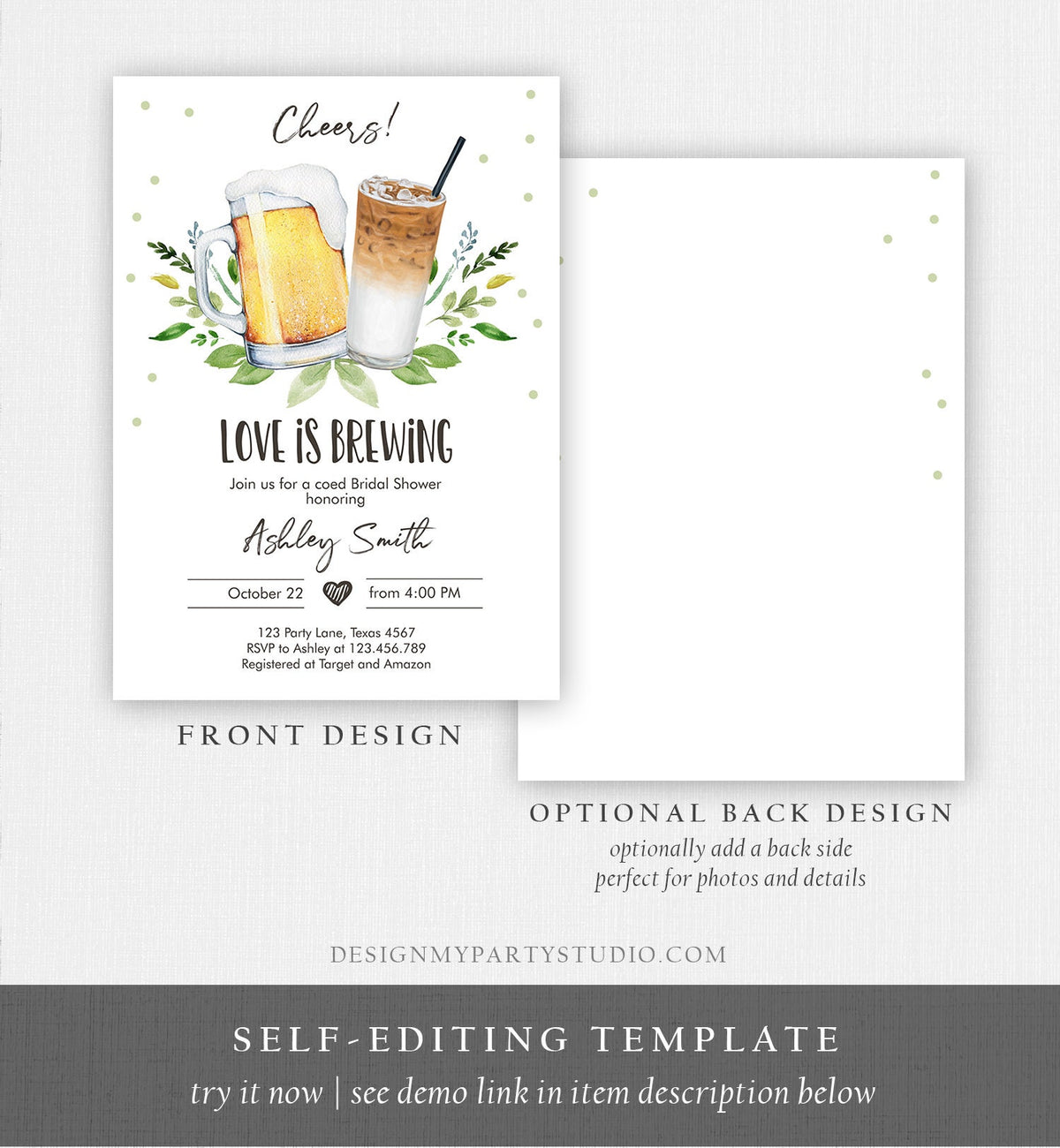Editable Love is Brewing Invitation Brewing Bridal Shower Invitation Cold Brew Coffee Couples Shower Download Printable Template Corjl 0190